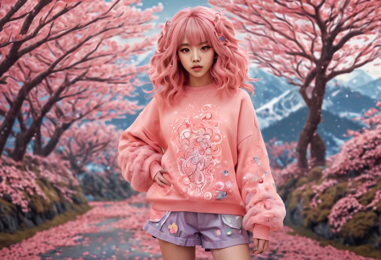 (best quality, highreagical, pink theme, (magical cute sakura maiedn:1.2). with (((exaggerated hair, huge fluffy hair, expanded hair, exagerated voluminous hair))), orange sweater with zentangle lines, details, (((horsehair, fluffy))), socks, shoes,