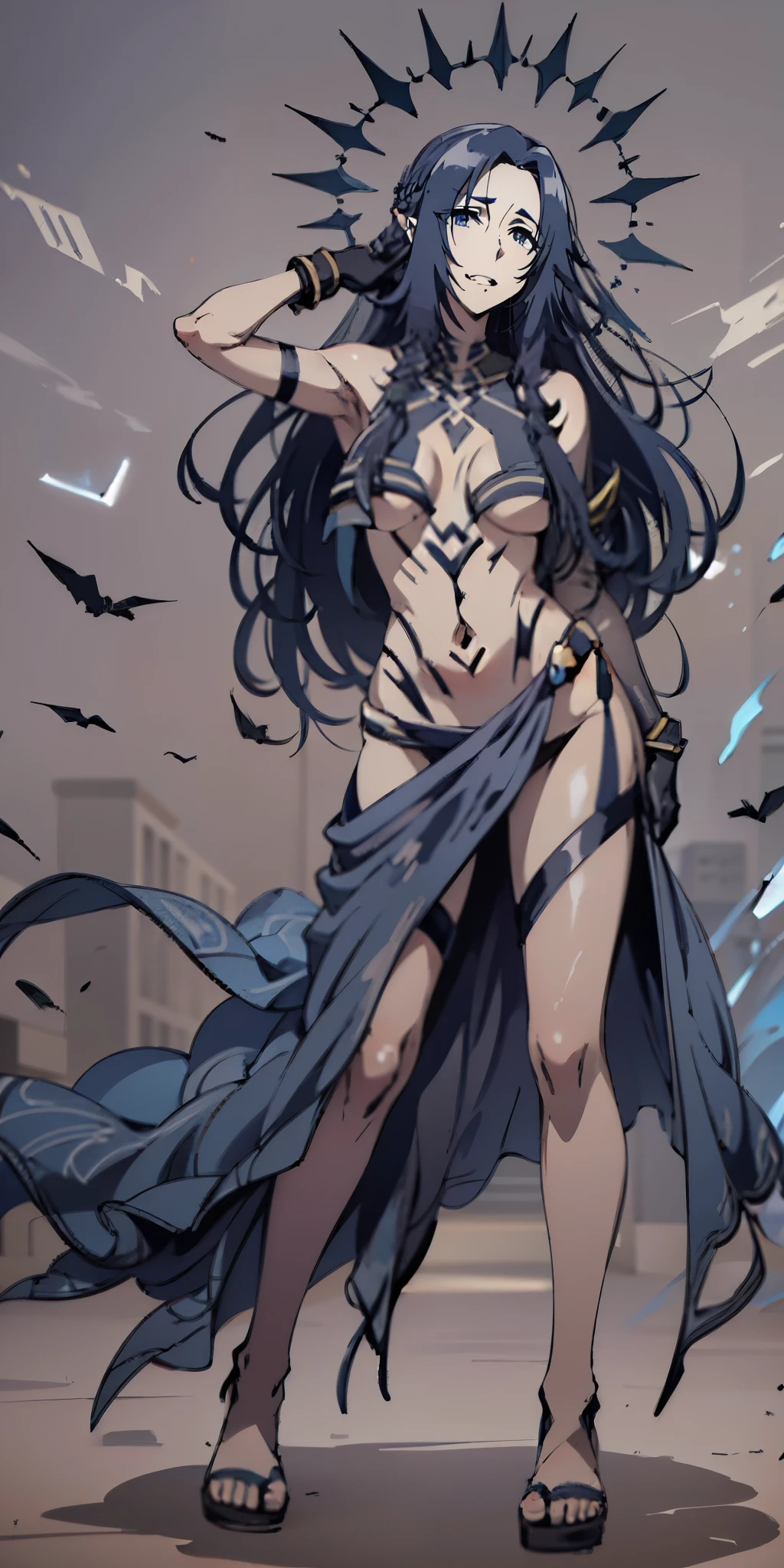long hair, dark-blue hair, pointy ears, anatomically correct, tattoo, arm_tattoo, pubic_tattoo, shoulder_tattoo, stomach_tattoo, body_writing, 1girl, leg_tattoo, chest_tattoo, solo, back_tattoo, long_hair, sandals, facial_tattoo, navel, breast_tattoo, standing, full_body_tattoo, hand_on_hip, breasts, midriff, full_body, jewelry, heart_tattoo, collarbone, "glow effects, godrays, Hand drawn, render, 8k, octane render, cinema 4d, blender, dark, atmospheric 4k ultra detailed, cinematic, Sharp focus, big depth of field, Masterpiece, colors, 3d octane render, 4k, concept art, trending on artstation, hyperrealistic, Vivid colors, extremely detailed CG unity 8k wallpaper, trending on CGSociety, Intricate, High Detail, dramatic", anime coloring, anime screencap, sweating, steaming body, fog, outfit-origami, halo, veil, navel, elbow gloves, looking at viewer,