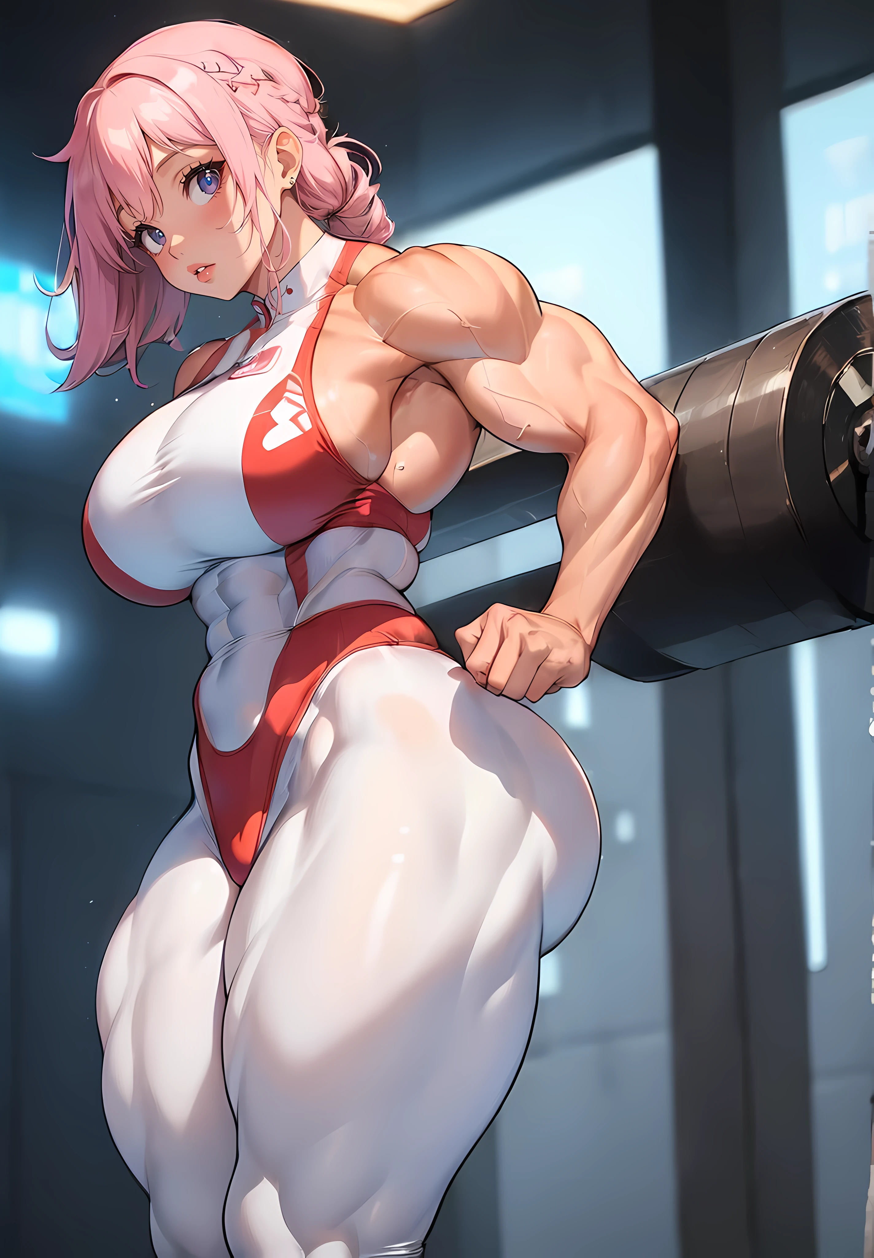 (((((Massive Female Bodybuilder))))), The woman wears a white tights, thicc, fit girl, two piece workout clothes, fit pic, toned shape, cottagecore!!, ((((Muscular Quadriceps)))), in the gym, Fitness model, toned derriere, fit curvy physique, skinny waist and thick hips, sweaty 4 k, Toned body