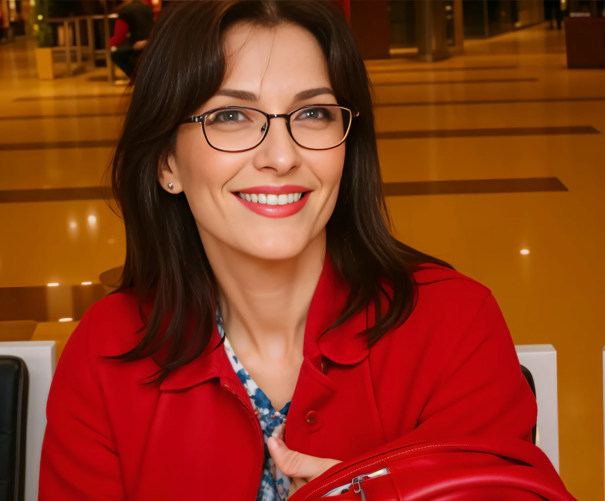 woman in glasses and red jacket holding a red bag in a shopping mall, foto de jessica devic, Estefânia Villegas Burgos, meni chatzipanagiotou, Carola Rubio, moleksandra shchaslyva, magda torres gurza, pilar, tirada no final dos anos 2000. Uma mulher com pele branca e cabelos escuros. ela tem cerca de 35 anos. Her pink lips are like a delicate flower, seus olhos castanhos escuros, grande e encantador, parecem conter um mundo de maravilhas. Corpo fino. cintura fina. Your body exudes glamor and your face is the definition of beauty. altamente realista, lindo, pink lips, pink lipstick, sorridente, feeling of lightness and joy, hiperrealismo, pele muito elaborada, olhar direto. foto de corpo inteiro, foto clara, alta qualidade, high resolution, obra de arte, 8K.