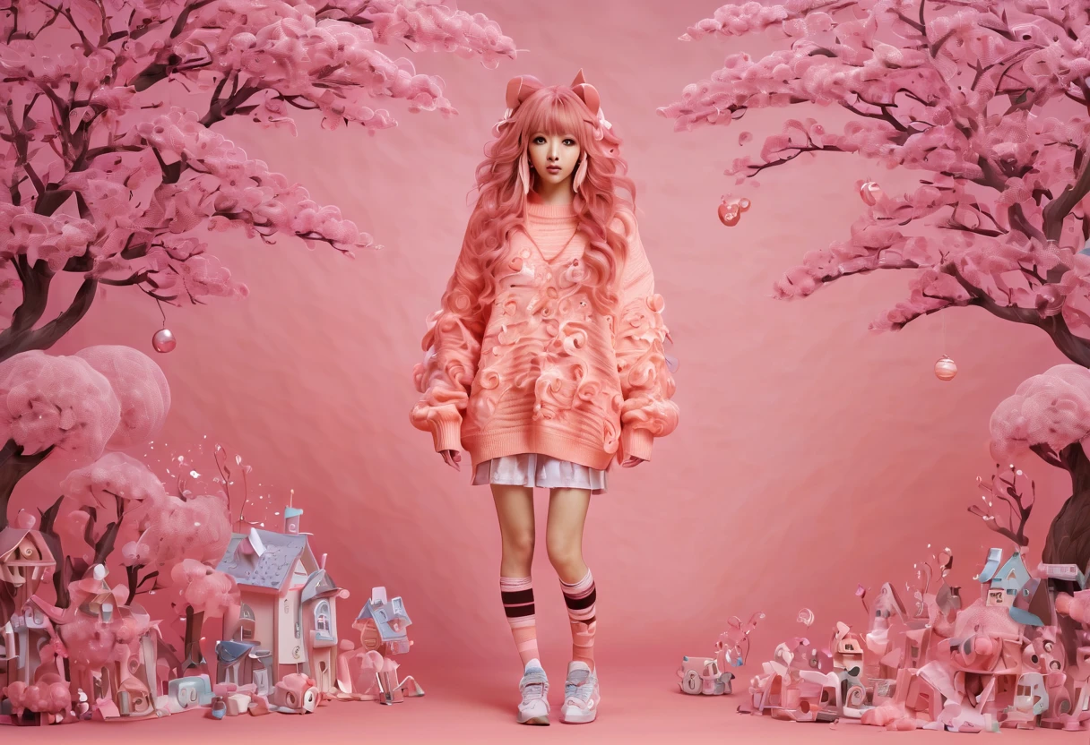 (best quality, highreagical, pink theme, (magical cute sakura maiedn:1.2). with (((exaggerated hair, huge fluffy hair, expanded hair, exagerated voluminous hair))), orange sweater with zentangle lines, details, (((horsehair, fluffy))), socks, shoes,