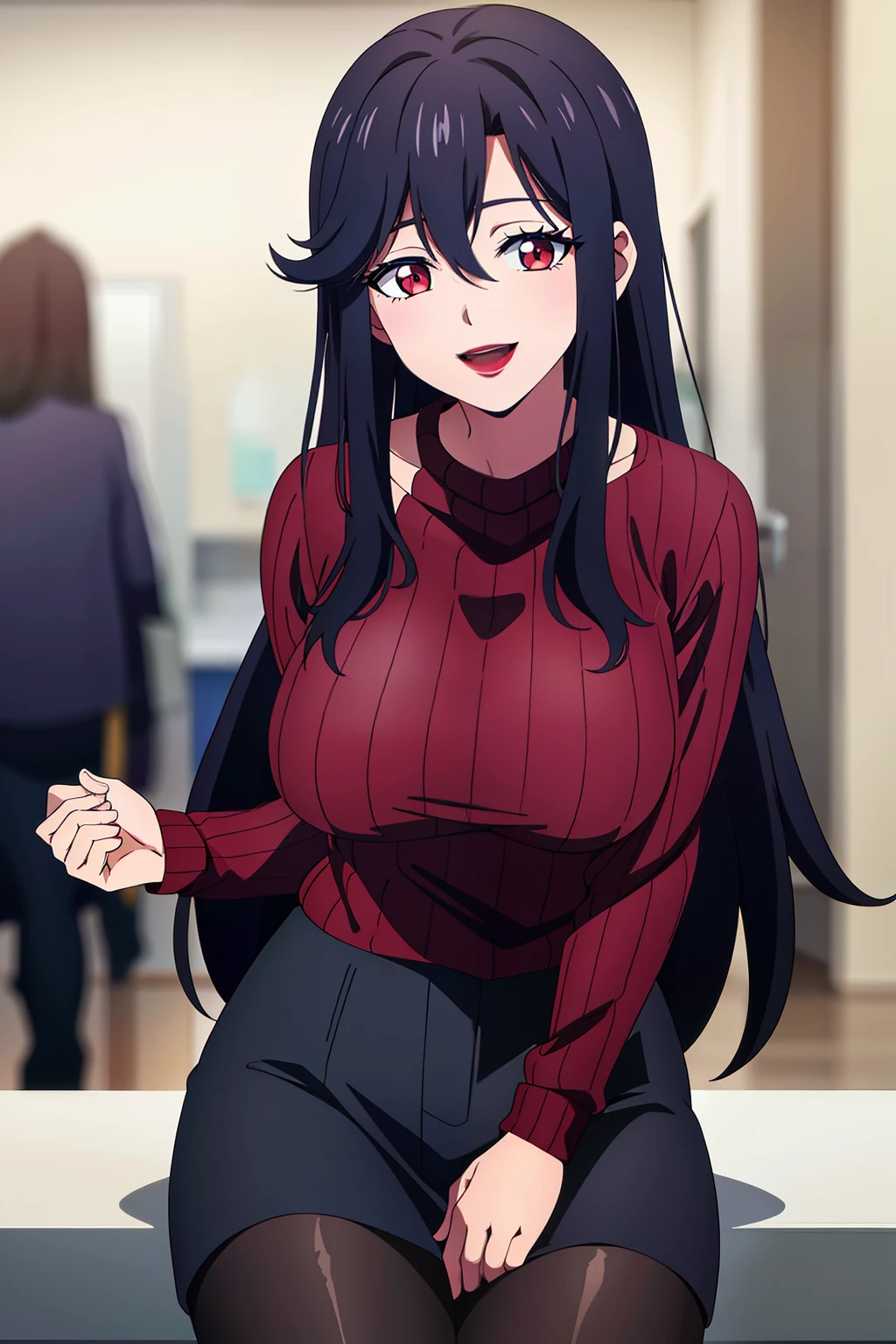 masterpiece, perfect lighting, (beautiful, best quality:1.3), perfect eyes, absurdres, 8k,
1girl, solo, (absurdres), finely detail, 
long hair, saori_ohtori, black hair, , red eyes,  smile, hair between eyes, large breasts, long legs, skinny, (lipstick:1.1), :d, 
(red ribbed sweater:1.1), black shirt, pantyhose,