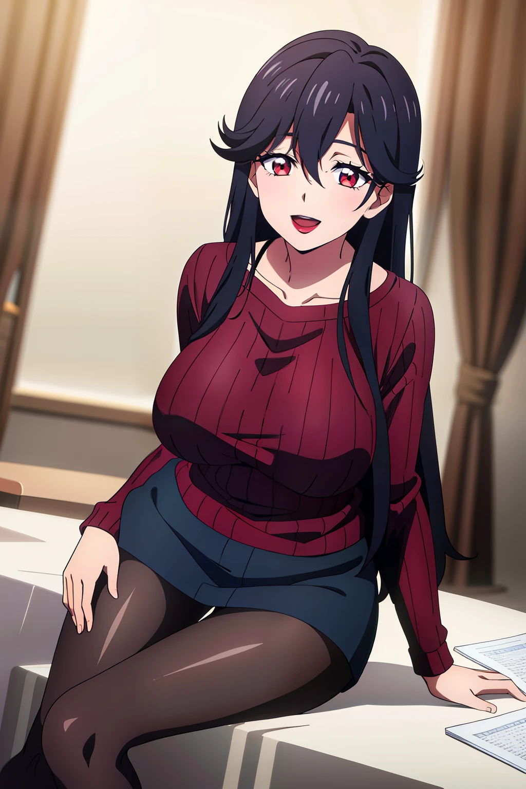 masterpiece, perfect lighting, (beautiful, best quality:1.3), perfect eyes, absurdres, 8k,
1girl, solo, (absurdres), finely detail, 
long hair, saori_ohtori, black hair, , red eyes,  smile, hair between eyes, large breasts, long legs, skinny, (lipstick:1.1), :d, 
(red ribbed sweater:1.1), black shirt, pantyhose,