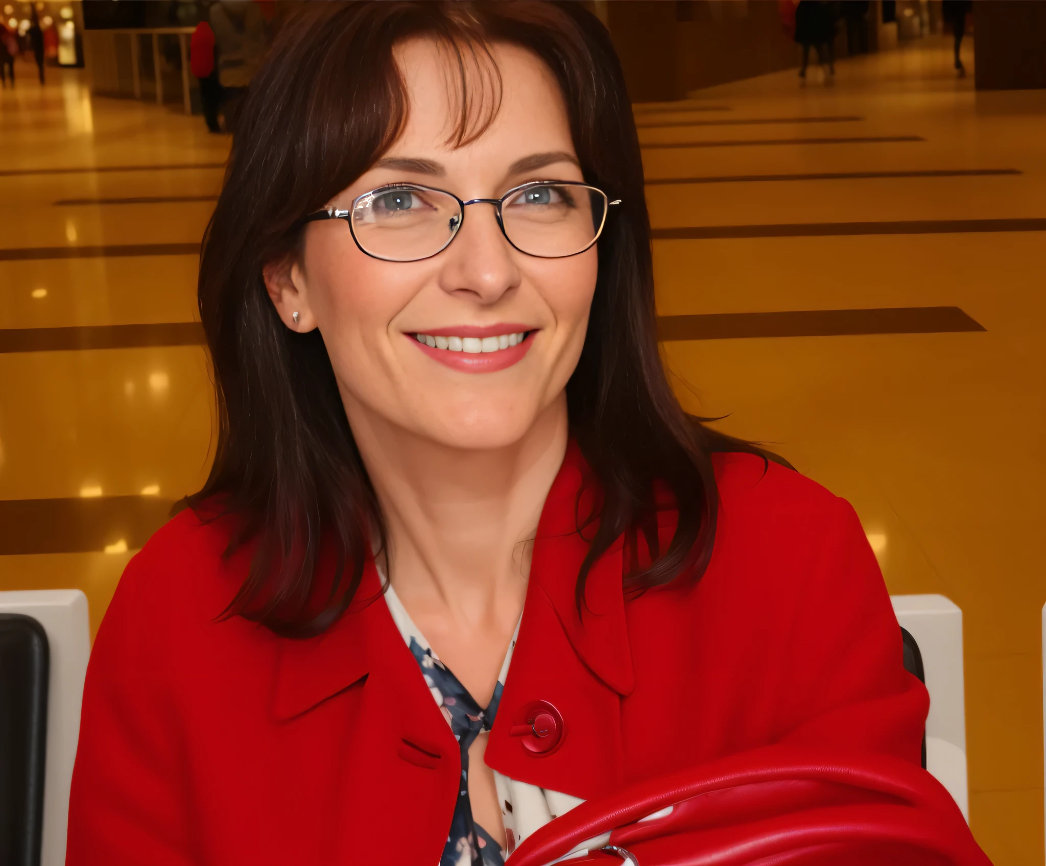 woman in glasses and red jacket holding a red bag in a shopping mall, foto de jessica devic, Estefânia Villegas Burgos, meni chatzipanagiotou, Carola Rubio, moleksandra shchaslyva, magda torres gurza, pilar, tirada no final dos anos 2000. Uma mulher com pele branca e cabelos escuros. ela tem cerca de 35 anos. Her pink lips are like a delicate flower, seus olhos castanhos escuros, grande e encantador, parecem conter um mundo de maravilhas. Corpo fino. cintura fina. Your body exudes glamor and your face is the definition of beauty. altamente realista, lindo, pink lips, pink lipstick, sorridente, feeling of lightness and joy, hiperrealismo, pele muito elaborada, olhar direto. foto de corpo inteiro, foto clara, alta qualidade, high resolution, obra de arte, 8K.