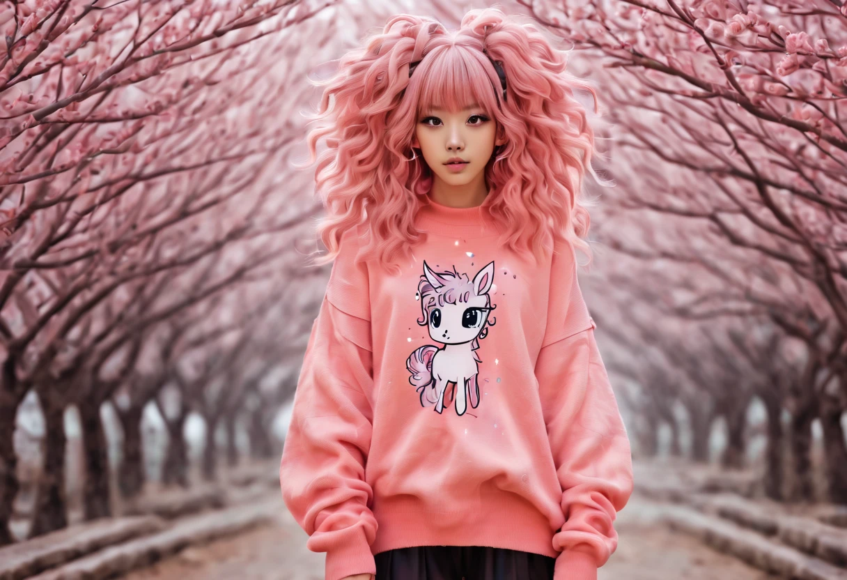 (best quality, highreagical, pink theme, (magical cute sakura maiedn:1.2). with (((exaggerated hair, huge fluffy hair, expanded hair, exagerated voluminous hair))), orange sweater with zentangle lines, details, (((horsehair, fluffy))), socks, shoes,