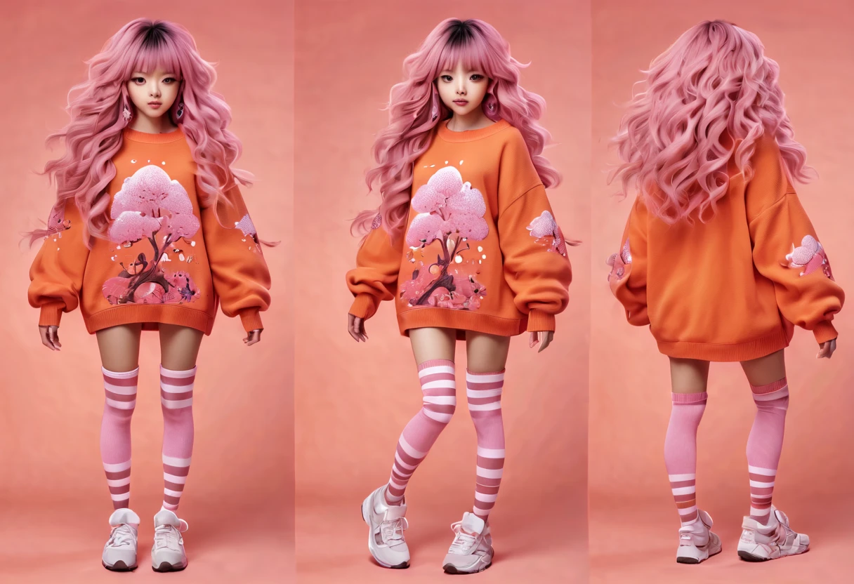 (best quality, highreagical, pink theme, (magical cute sakura maiedn:1.2). with (((exaggerated hair, huge fluffy hair, expanded hair, exagerated voluminous hair))), orange sweater with zentangle lines, details, (((horsehair, fluffy))), socks, shoes,