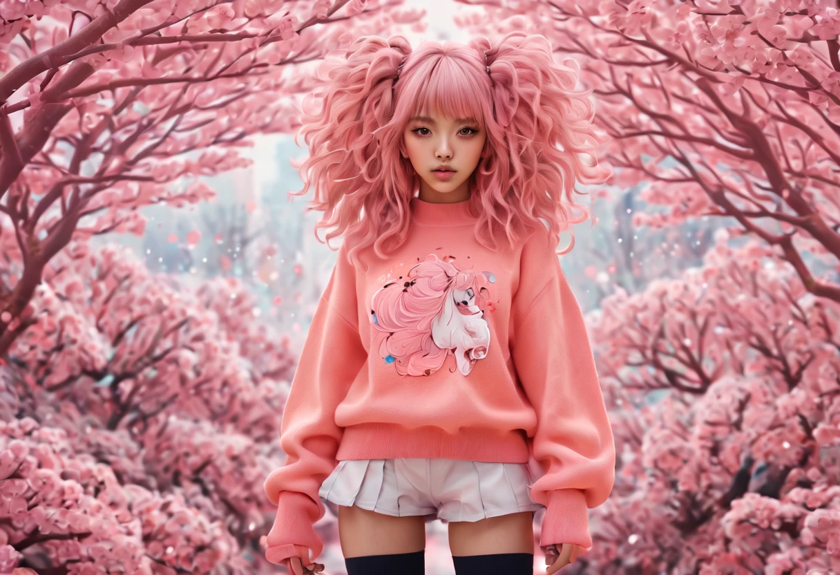 (best quality, highreagical, pink theme, (magical cute sakura maiedn:1.2). with (((exaggerated hair, huge fluffy hair, expanded hair, exagerated voluminous hair))), orange sweater with zentangle lines, details, (((horsehair, fluffy))), socks, shoes,