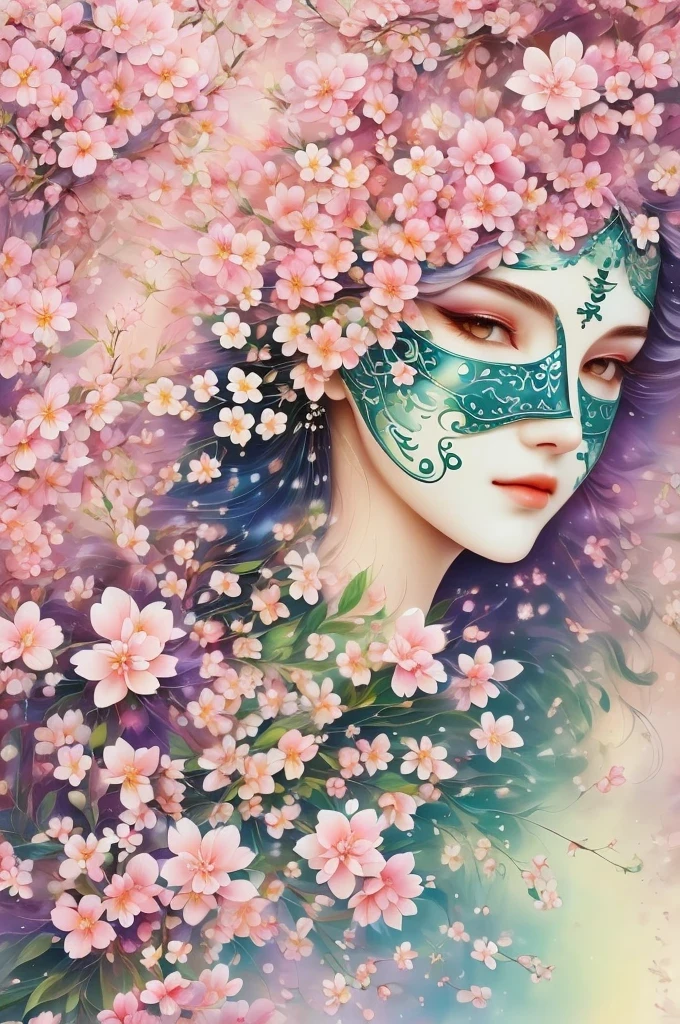 mask in cherry blossoms,White mask surrounded by cherry blossoms