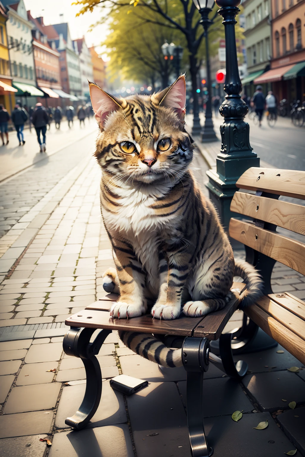 cute cat, Realistic, sitting on a bench in the city of Wroclaw