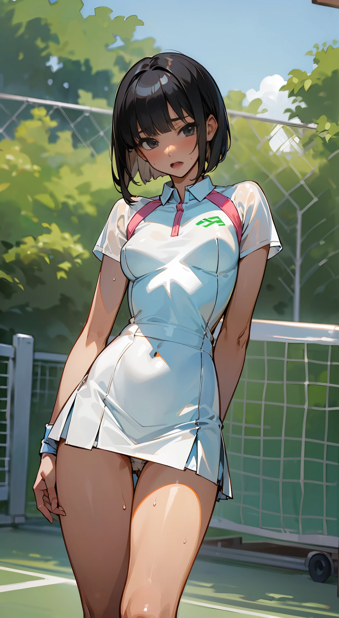 ((Masterpiece)), ((Best Quality)),(Beautiful Detailed anime FACE),Ultra High Resolution, Caustics, Detailed,Perfect Anatomy,nsfw,cowboy shot,solo20 year old beauty、Japanese、black hair,short bob hair,black eyes,slender body,ideal ratio body proportions,medium breasts,tan skin,gleaming skin,oily skin,shiny skin,standing,shy look、blush、open mouth,,(White tennis wear、body-conscious、white tight mini skirt、perfect white panties,Clothes that are see-through with sweat),outdoors、Tennis court、