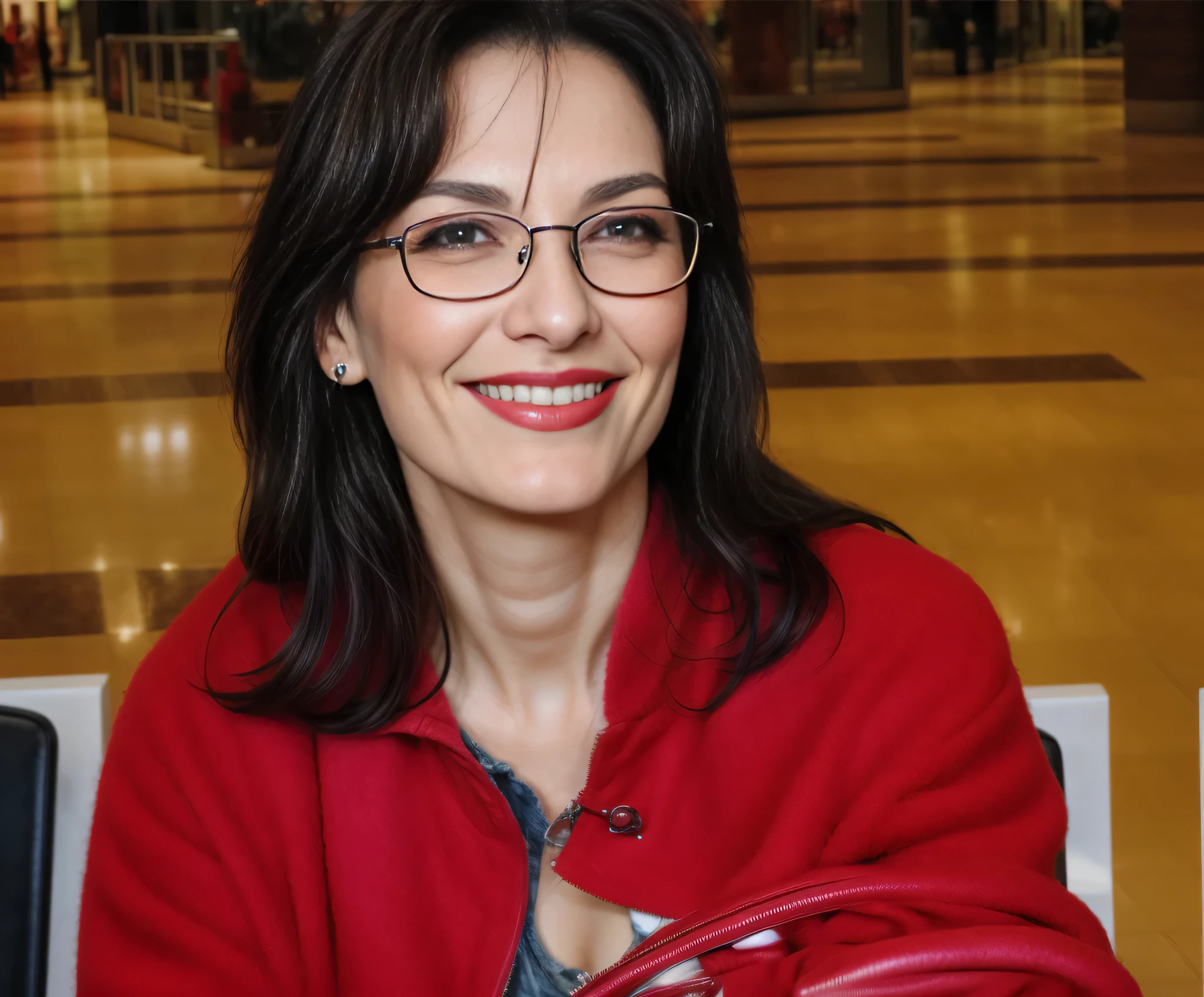 woman in glasses and red jacket holding a red bag in a shopping mall, foto de jessica devic, Estefânia Villegas Burgos, meni chatzipanagiotou, Carola Rubio, moleksandra shchaslyva, magda torres gurza, pilar, tirada no final dos anos 2000. Uma mulher com pele branca e cabelos escuros. ela tem cerca de 35 anos. Her pink lips are like a delicate flower, seus olhos castanhos escuros, grande e encantador, parecem conter um mundo de maravilhas. Corpo fino. cintura fina. Your body exudes glamor and your face is the definition of beauty. altamente realista, lindo, pink lips, pink lipstick, sorridente, feeling of lightness and joy, hiperrealismo, pele muito elaborada, olhar direto. foto de corpo inteiro, foto clara, alta qualidade, high resolution, obra de arte, 8K.