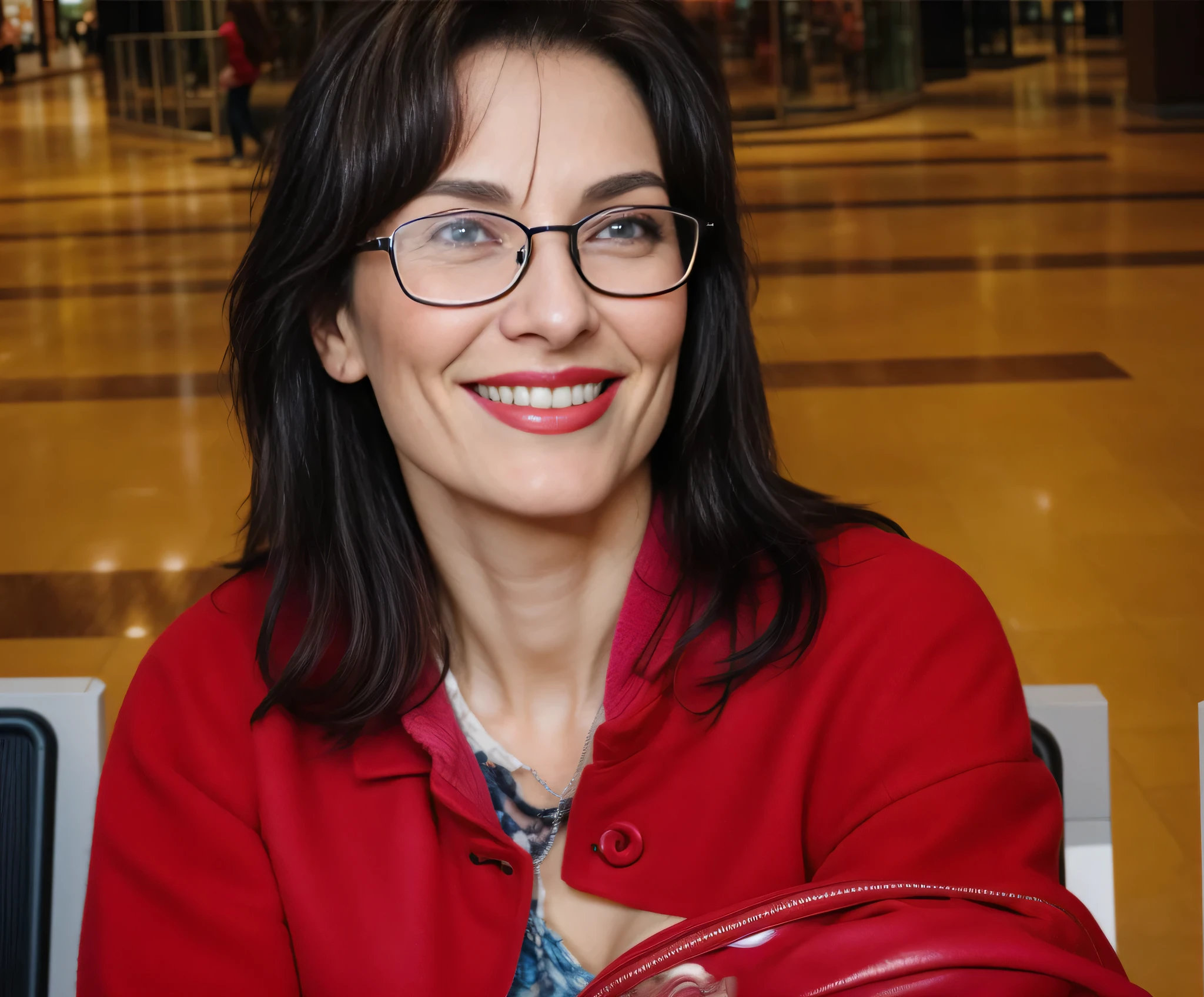 woman in glasses and red jacket holding a red bag in a shopping mall, foto de jessica devic, Estefânia Villegas Burgos, meni chatzipanagiotou, Carola Rubio, moleksandra shchaslyva, magda torres gurza, pilar, tirada no final dos anos 2000. Uma mulher com pele branca e cabelos escuros. ela tem cerca de 35 anos. Her pink lips are like a delicate flower, seus olhos castanhos escuros, grande e encantador, parecem conter um mundo de maravilhas. Corpo fino. cintura fina. Your body exudes glamor and your face is the definition of beauty. altamente realista, lindo, pink lips, pink lipstick, sorridente, feeling of lightness and joy, hiperrealismo, pele muito elaborada, olhar direto. foto de corpo inteiro, foto clara, alta qualidade, high resolution, obra de arte, 8K.