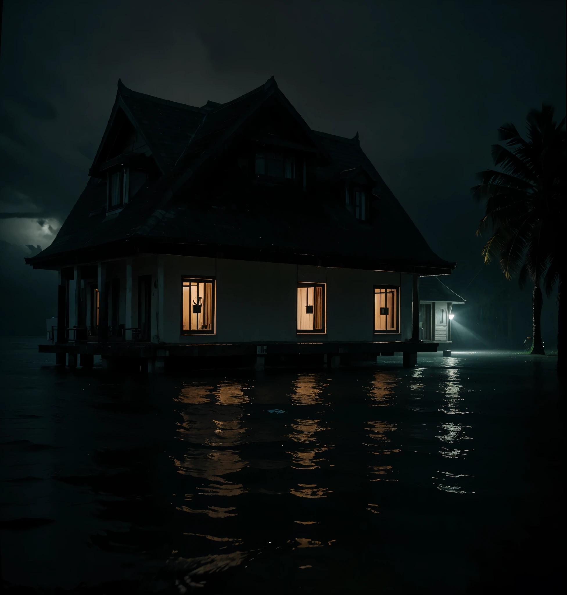 spooky scayry bungalow in heavy rainfall darkness