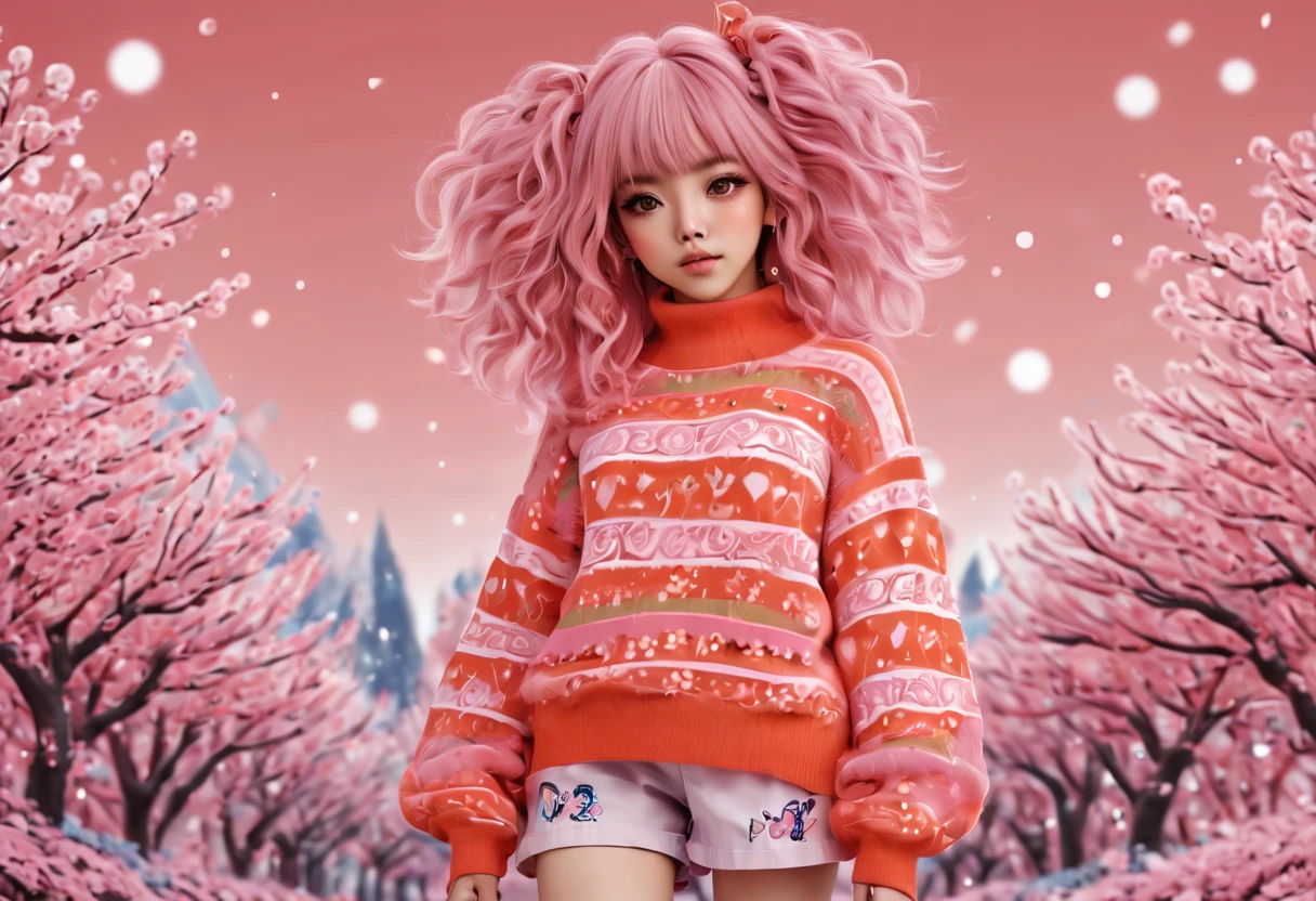 (best quality, highreagical, pink theme, (magical cute sakura maiedn:1.2). with (((exaggerated hair, huge fluffy hair, expanded hair, exagerated voluminous hair))), orange sweater with zentangle lines, details, (((horsehair, fluffy))), socks, shoes,