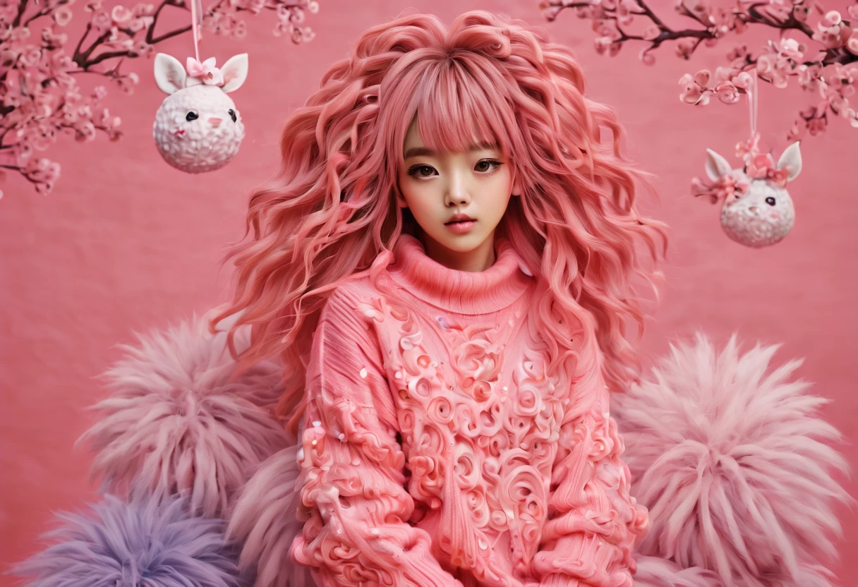 (best quality, highreagical, pink theme, (magical cute sakura maiedn:1.2). with (((exaggerated hair, huge fluffy hair, expanded hair, exagerated voluminous hair))), orange sweater with zentangle lines, details, (((horsehair, fluffy))), socks, shoes,