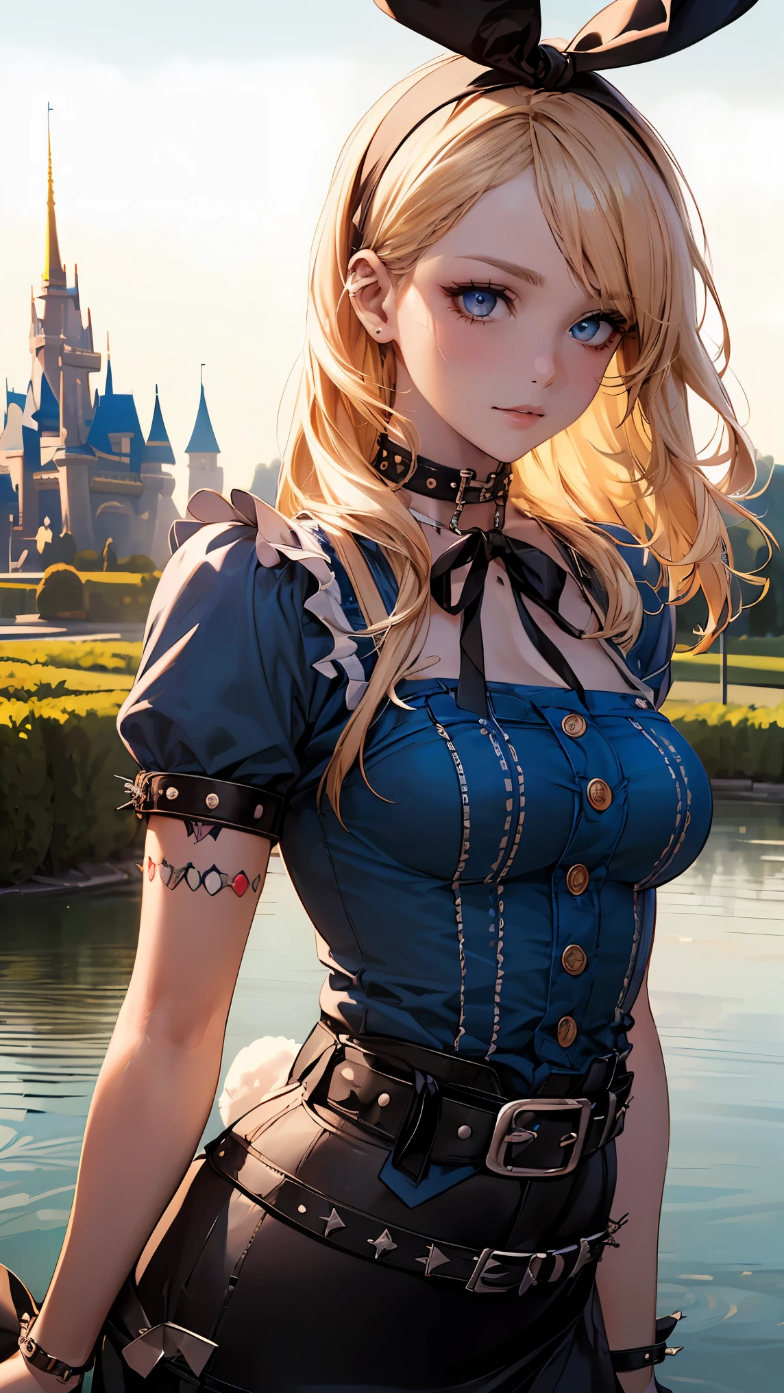 (masterpiece:1.2, highest quality), (realistic, photorealistic:1.4), beautiful illustrations, (natural side lighting, movie lighting), looking at the viewer, Upper body, (Front view), 1 girl, perfect face, Cute symmetrical face, shiny skin, baby face, long eyelash, (large breasts:0.3), (wide hips),beautiful hair, beautiful face, detailed and beautiful eyes, beautiful body, beautiful breasts, beautiful thighs, beautiful feet, beautiful fingers,(beautiful scenery),(cute smile:1.2, upper eye),Beautiful girl,alice liddell, blue dress, white apron, (black hairband ribbon:1.5), thigh high socks, cute pose, in a flower garden, (pond), (((disney castle at the background:1.2))),Alice in Wonderland, (blonde hair:1.5), (hair band ribbon、rabbit ribbon:1.5), (punk rock style: 1.7), belt choker, stud pin bracelet, (white and black skirt, exy,(multiple belt:1.8),layered skirt