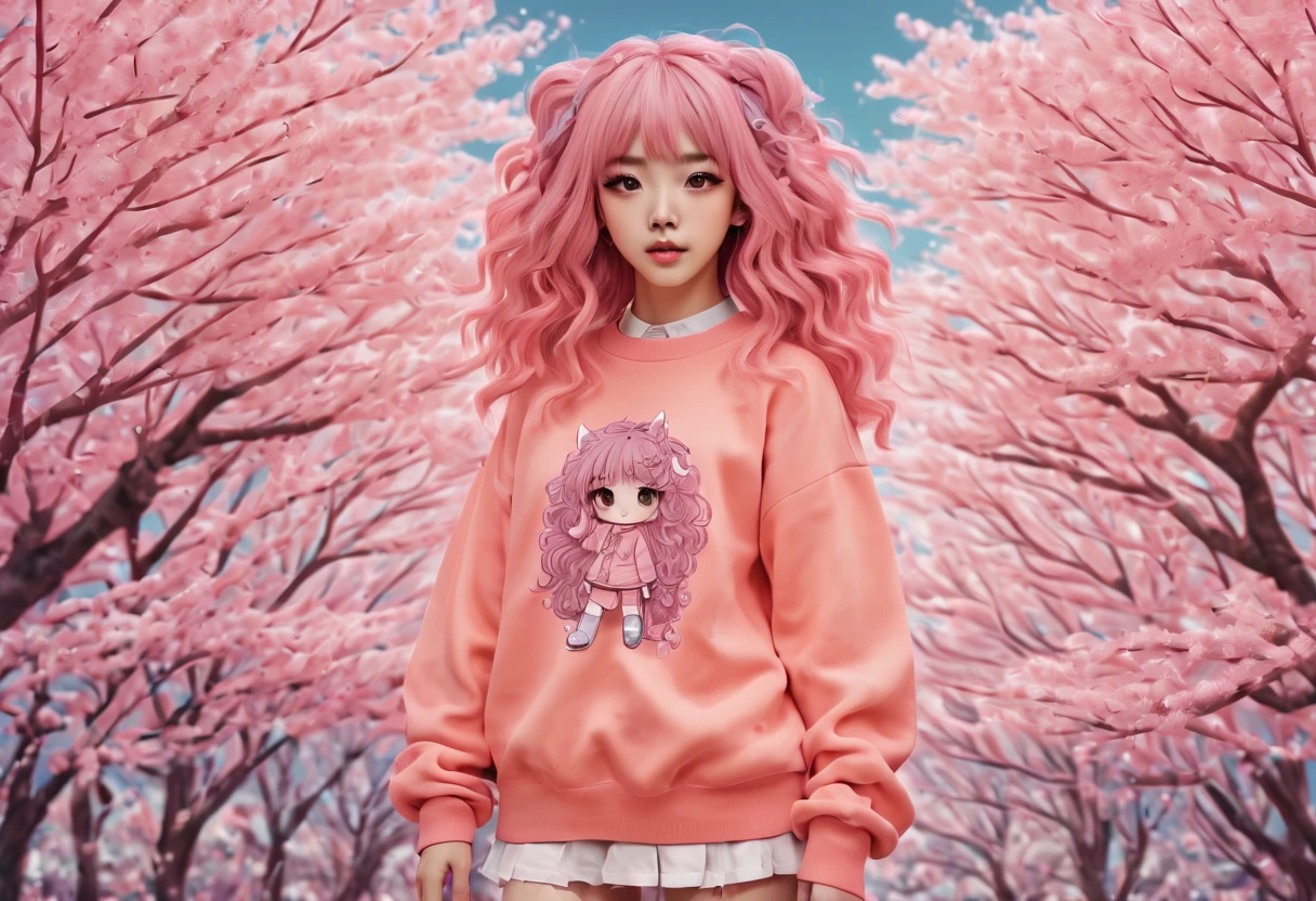 (best quality, highreagical, pink theme, (magical cute sakura maiedn:1.2). with (((exaggerated hair, huge fluffy hair, expanded hair, exagerated voluminous hair))), orange sweater with zentangle lines, details, (((horsehair, fluffy))), socks, shoes,
