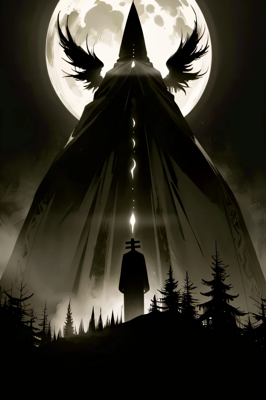 In the heart of a dark and enchanting forest, a towering ancient figure stands, shrouded in mystery and history. Suddenly, a colossal figure materializes behind it, a huge black ghost with wings so vast they seem to swallow the moonlight. The ghost's eyes gleam with an otherworldly glow as it gazes intently into the camera, its presence overwhelming and ominous. Both the ancient figure and the ghost remain frozen in time and space, a hauntingly beautiful scene of contrast between the past and the supernatural, the known and the unknown.