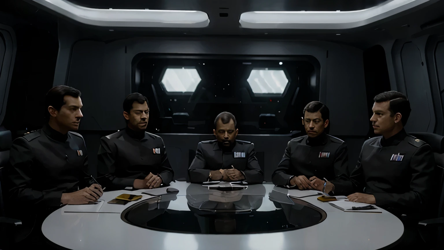 Several imperial officers gathered around a table, having a meeting