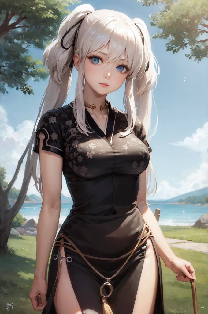 anime girl with long blonde hair and blue eyes in a black dress, cute anime waifu in a nice dress, guweiz, artwork in the style of guweiz,  in dress, perfect white haired girl, anime girl wearing a black dress, seductive anime girl, girl with white hair, beautiful anime girl, anime girl, beautiful alluring anime woman