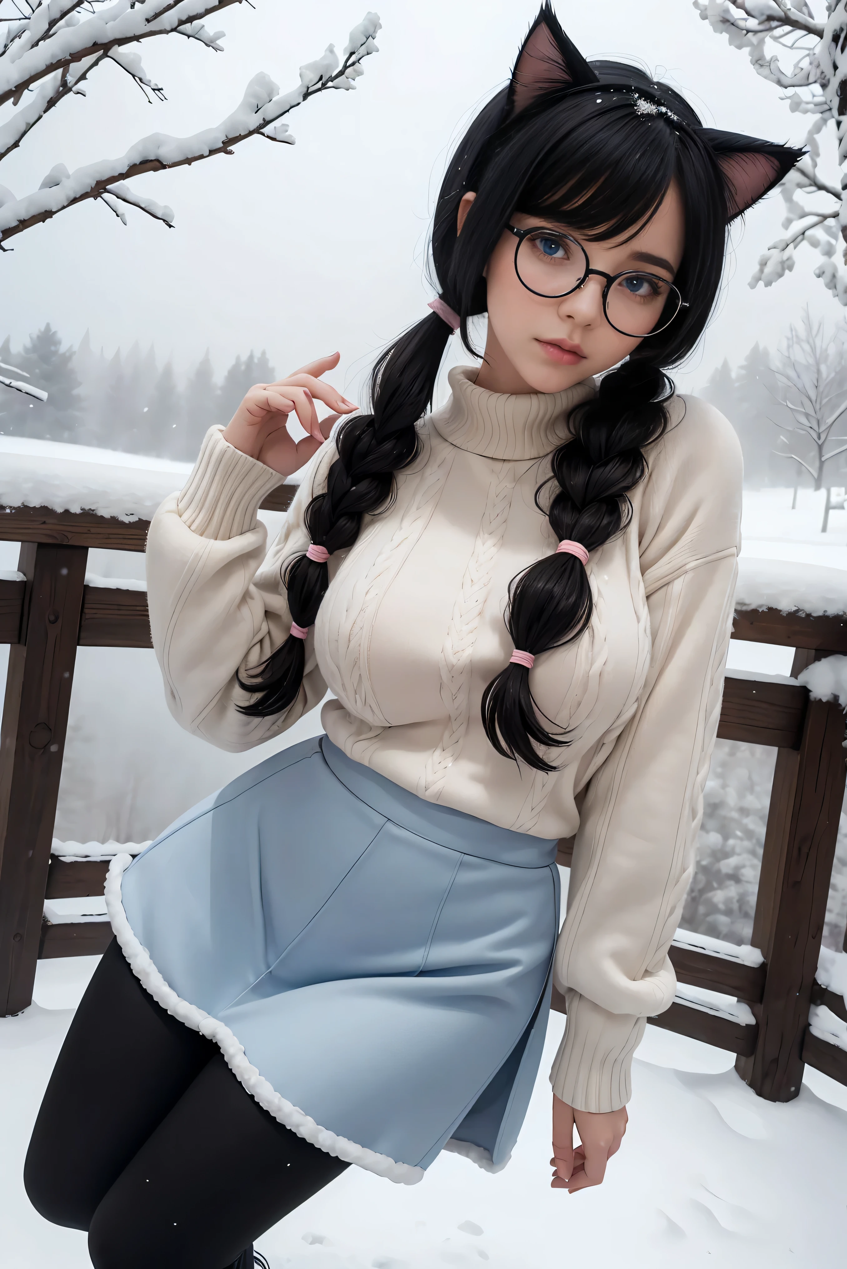(Best Quality,High resolution:1.2), Ultra-detailed, Realistic portrait, hot Russian girl, pretty face, perfect long legs, full body, tiny waist. large breasts, standing, tight white cropped jumper, black high waist leggings, pink and white snow boots, in the snow, large blue eyes, long black hair tied up with a ribbon, pigtails, tight high waist skirt, woolen socks, hair bangs, snowing, foggy, (large round black rimmed glasses), cat ears