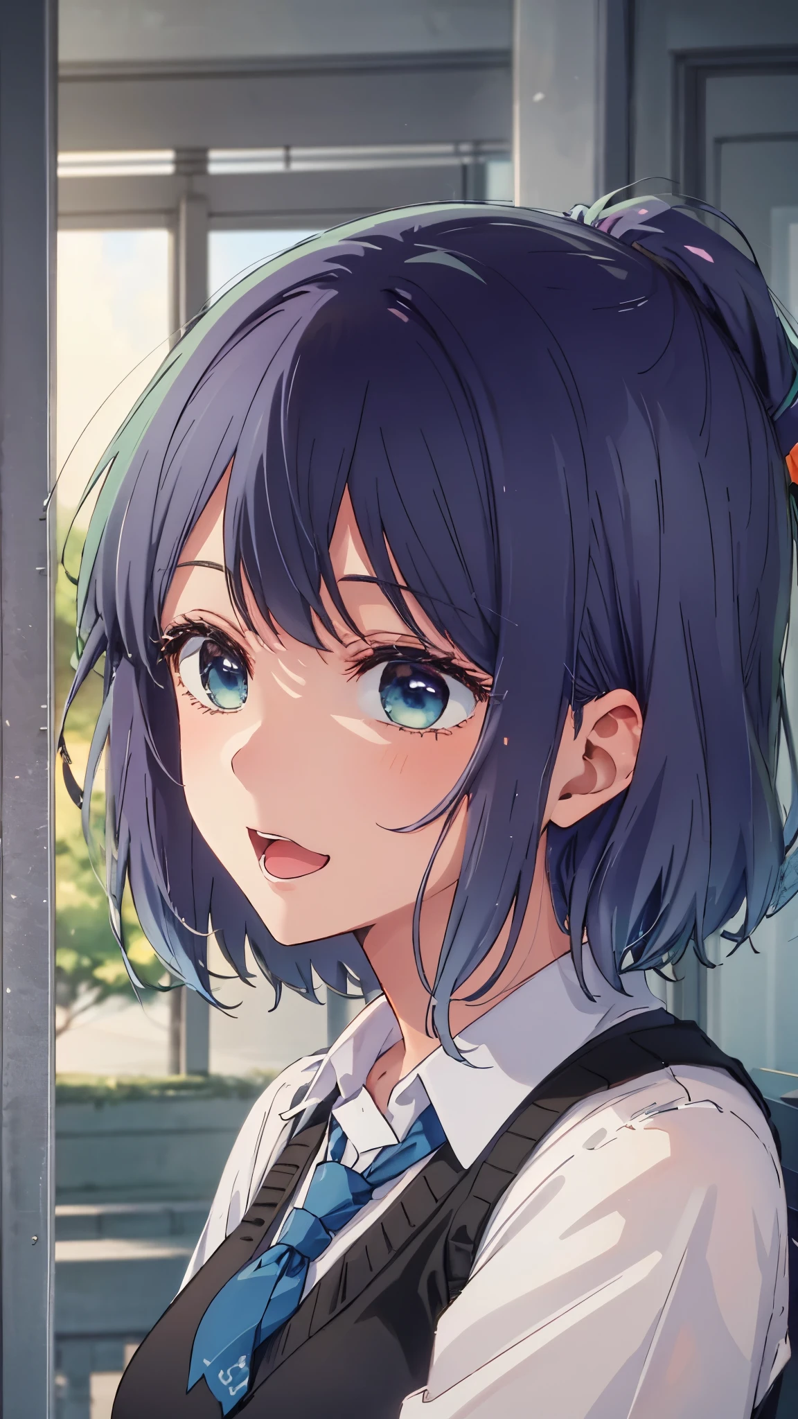 beautiful lighting, 1 girl, alone, Akane, white shirt, sweater vest, black vest, blue tie, ((anime style))、((2D))、laughter、open your mouth、random hairstyle
