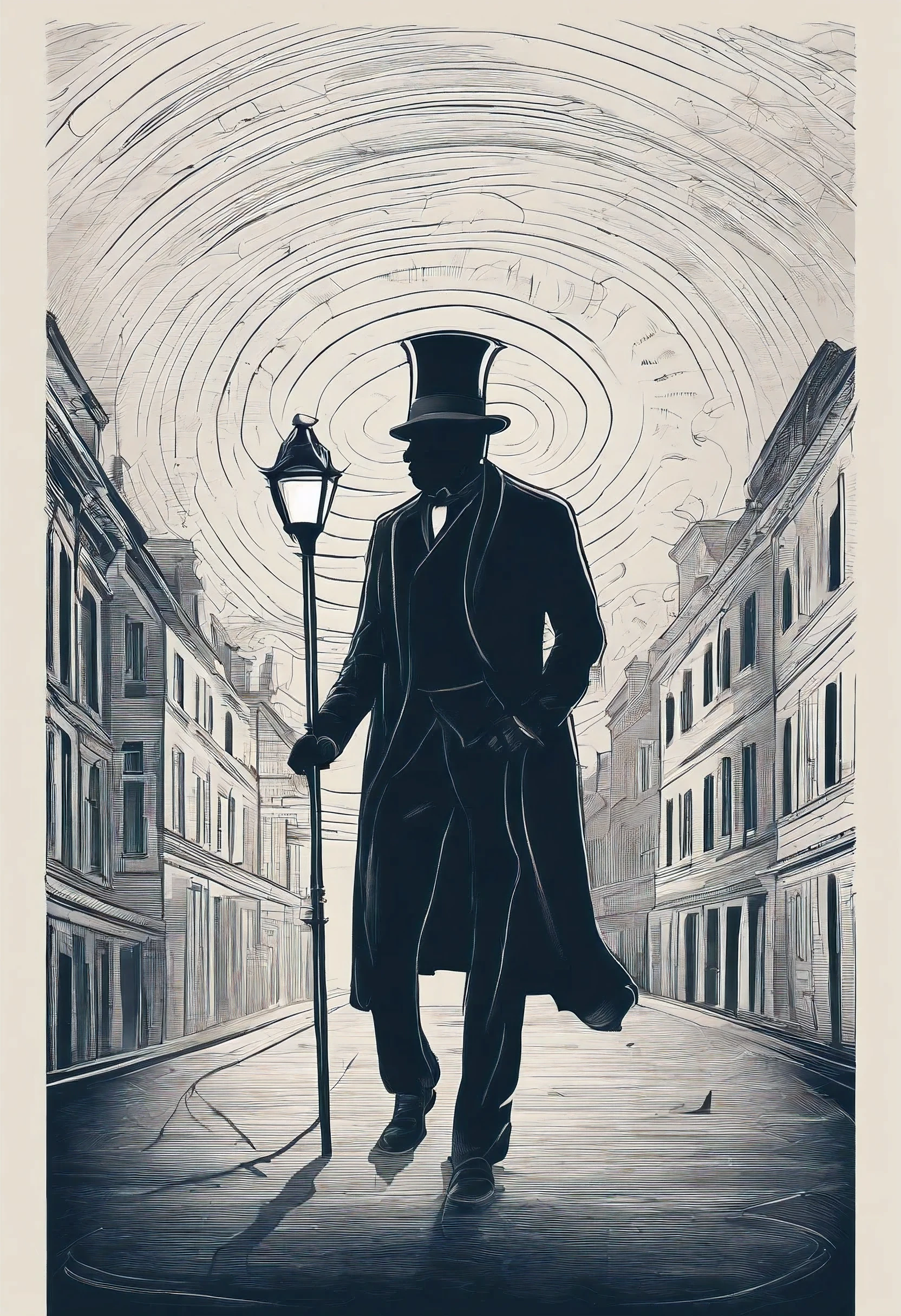 Minimalista, espiral, dark man from back with cape and top hat in 19th century with lamp in hand , Magia, fantasia, detalhes do veleiro, pessoas andando na rua,atmosfera de sombra,cores frias, Title and subtitle.