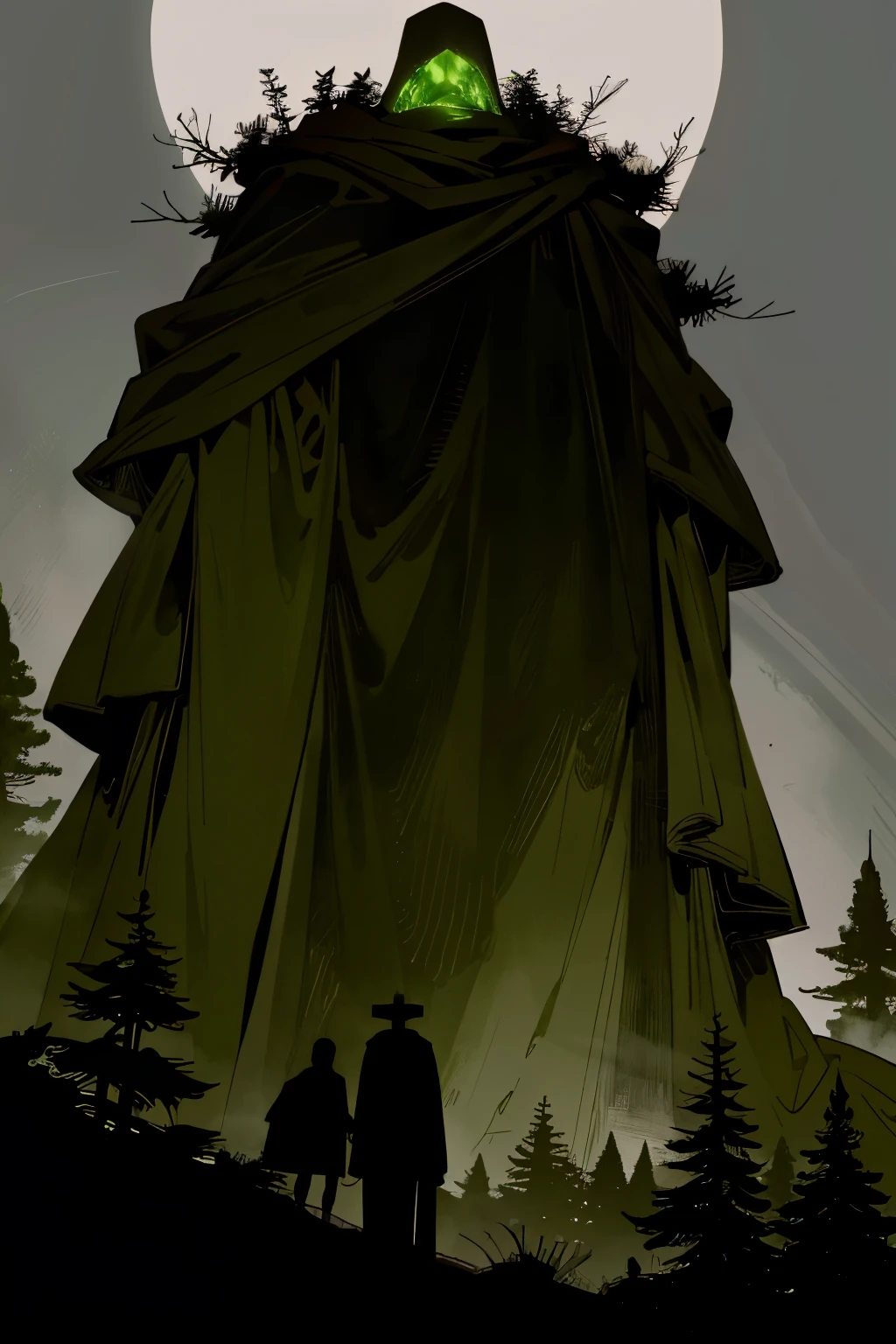 In the heart of a dark and enchanting forest, a towering ancient figure stands, shrouded in mystery and history. Suddenly, a colossal figure materializes behind it, a huge black ghost with wings so vast they seem to swallow the moonlight. The ghost's eyes gleam with an otherworldly glow as it gazes intently into the camera, its presence overwhelming and ominous. Both the ancient figure and the ghost remain frozen in time and space, a hauntingly beautiful scene of contrast between the past and the supernatural, the known and the unknown.
