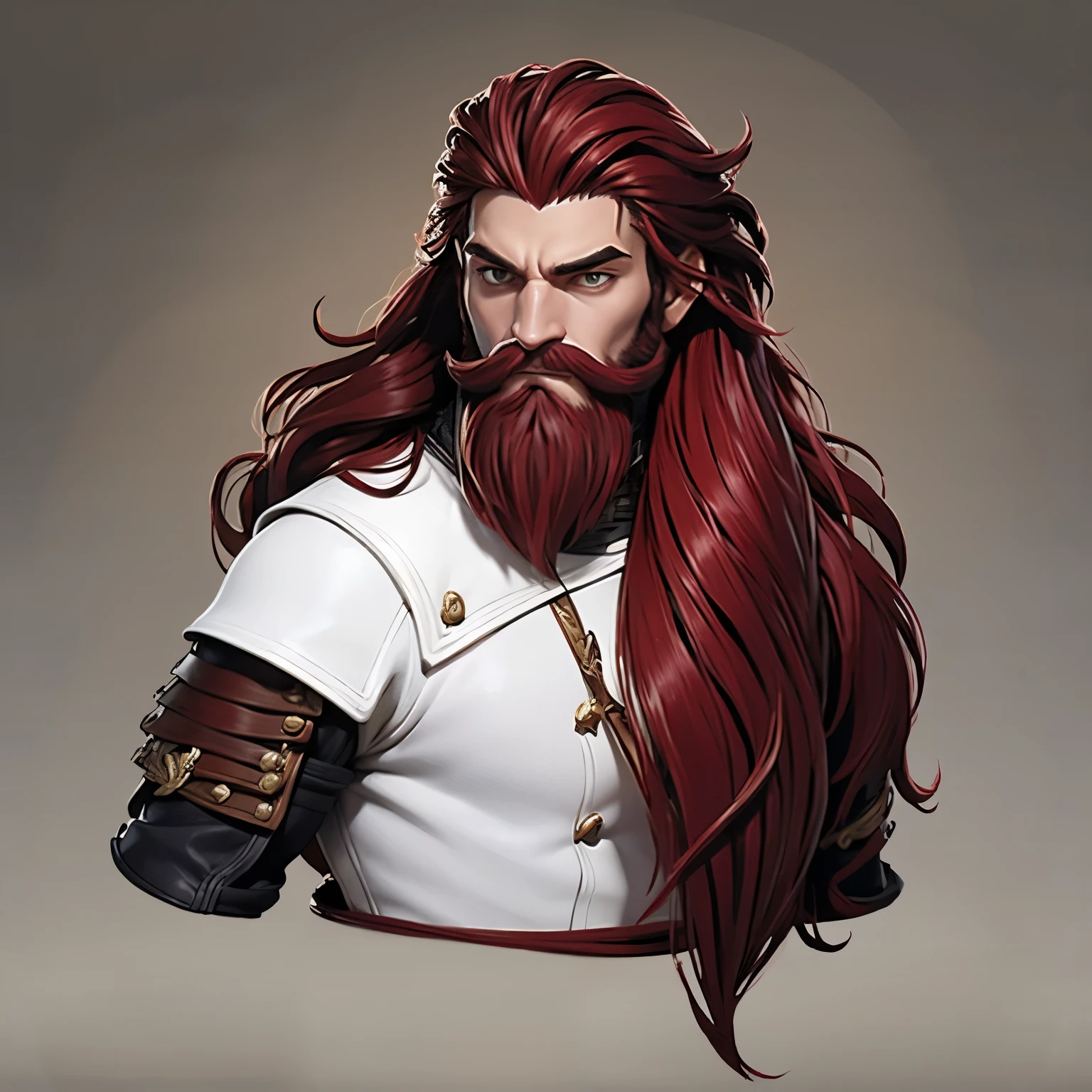 Homme au cheveux long et roux avec une barbe rousses et assez longue en armure qui combat des ennemis avec sa lance