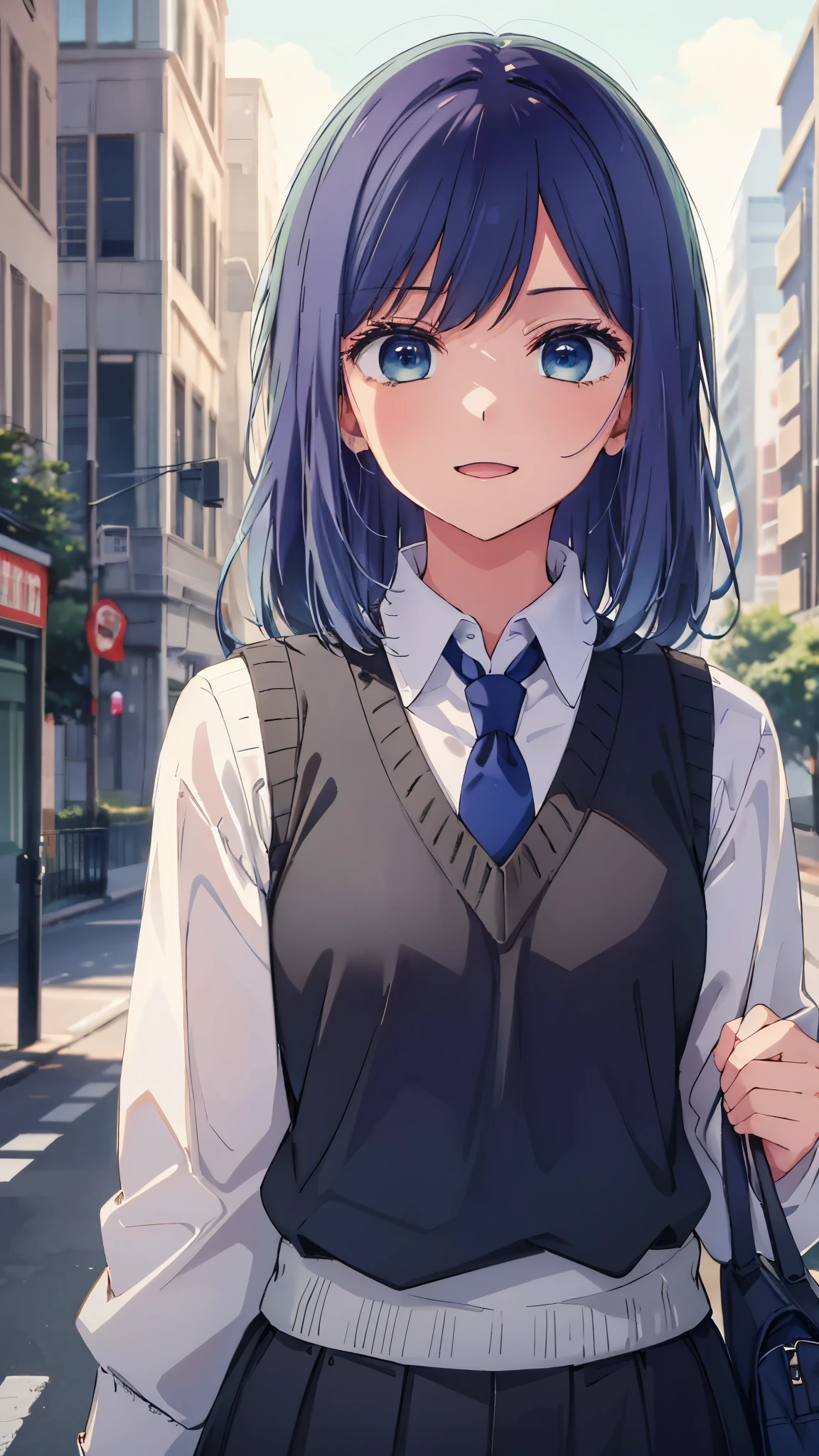 beautiful lighting, 1 girl, alone, Akane, white shirt, sweater vest, black vest, blue tie, ((anime style))、((2D))、laughter、open your mouth、(((twin tails)))