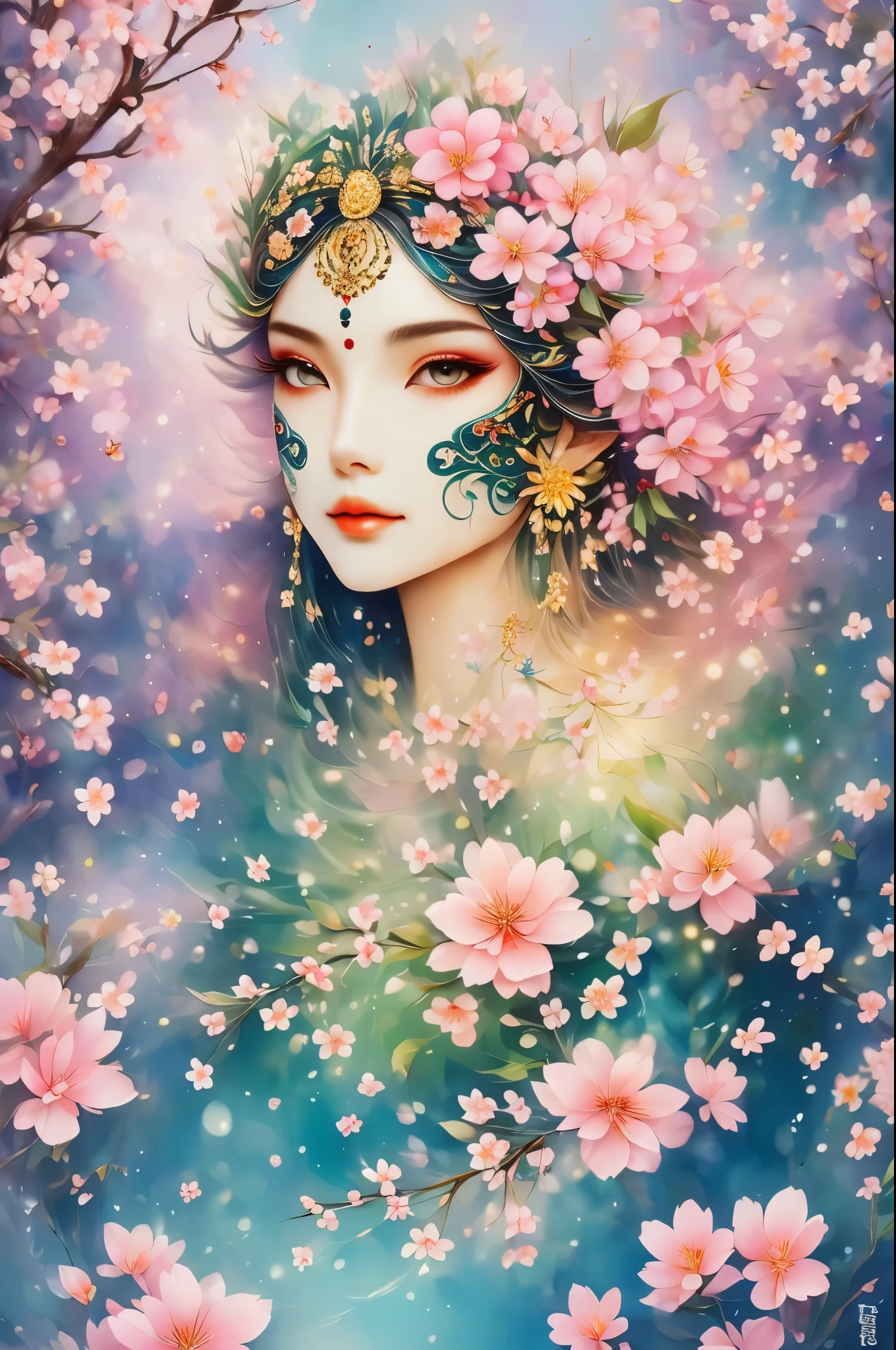 mask in cherry blossoms,White mask surrounded by cherry blossoms