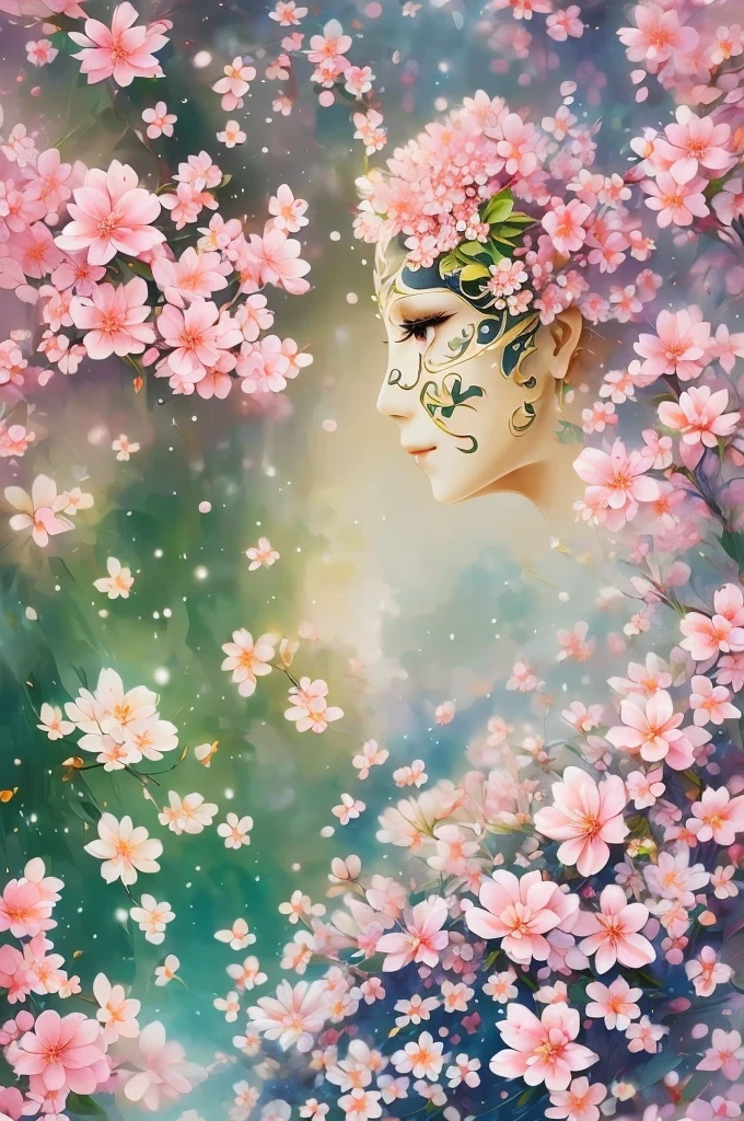 mask in cherry blossoms，White mask surrounded by cherry blossoms