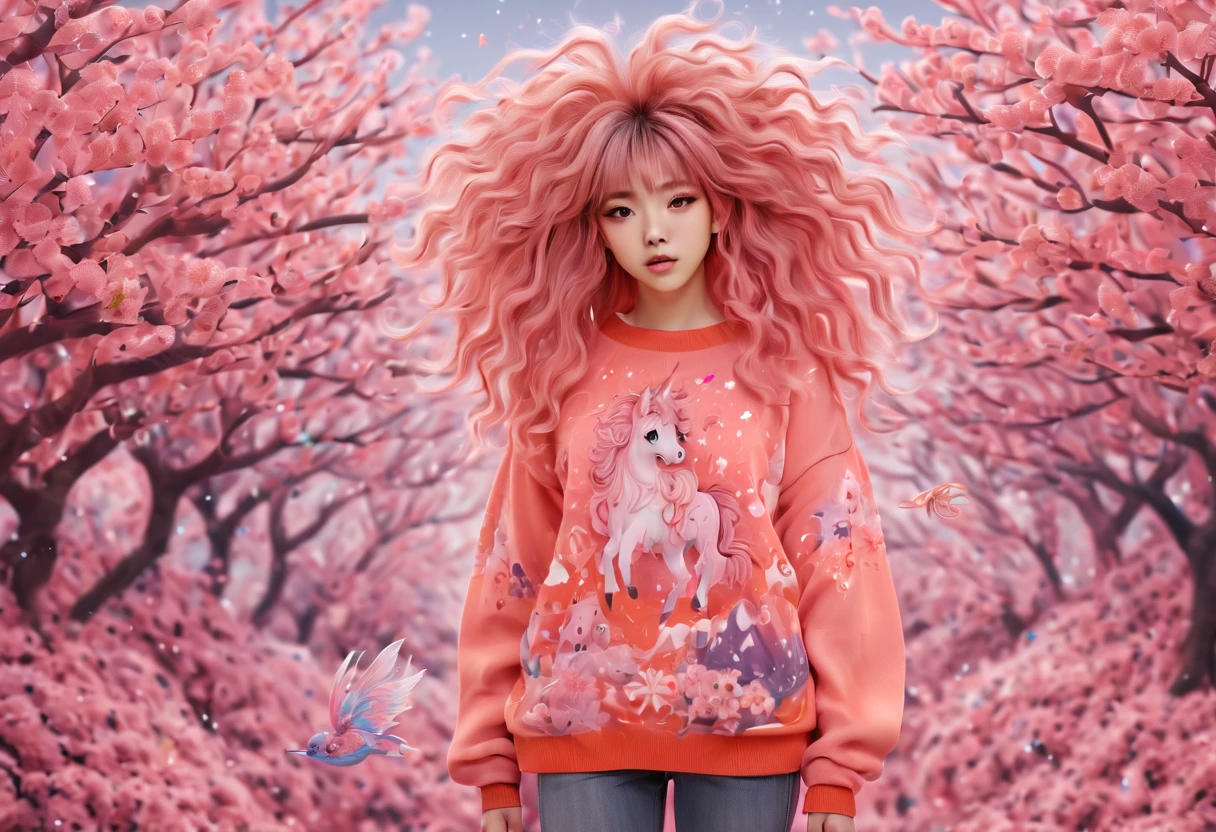 (best quality, highreagical, pink theme, (magical cute sakura maiedn:1.2). with (((exaggerated hair, huge fluffy hair, expanded hair, exagerated voluminous hair))), orange sweater with zentangle lines, details, (((horsehair, fluffy))), socks, shoes,