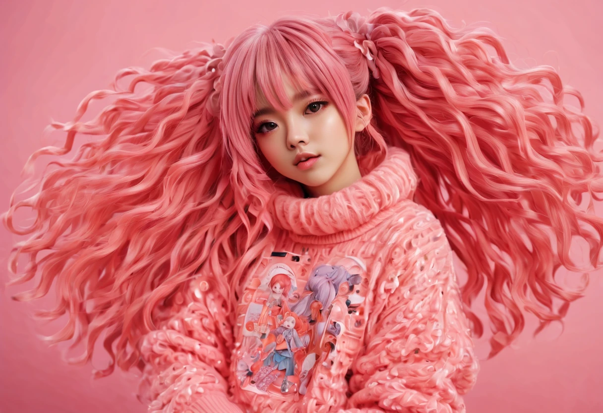 (best quality, highreagical, pink theme, (magical cute sakura maiedn:1.2). with (((exaggerated hair, huge fluffy hair, expanded hair, exagerated voluminous hair))), orange sweater with zentangle lines, details, (((horsehair, fluffy))), socks, shoes,