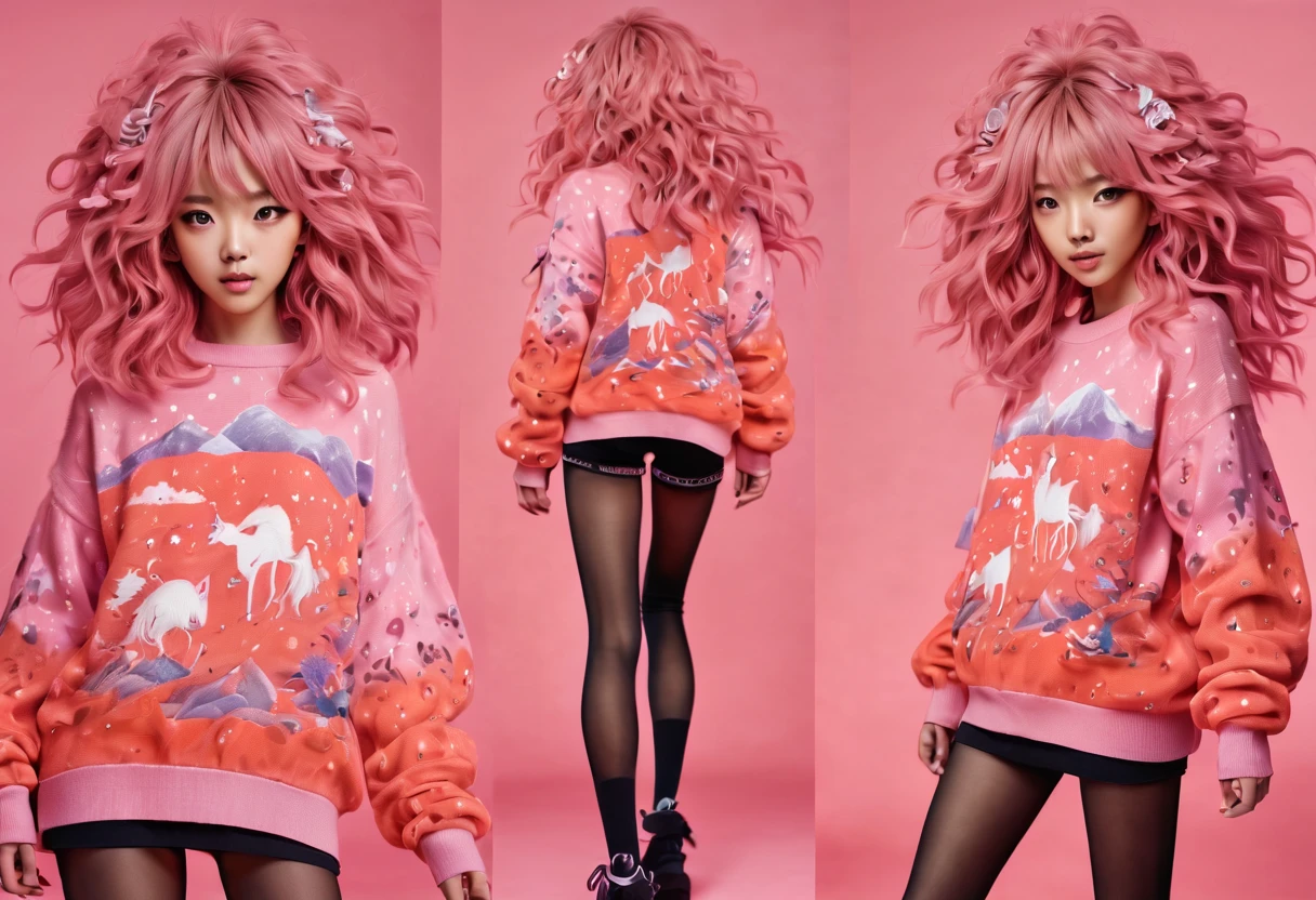 (best quality, highreagical, pink theme, (magical cute sakura maiedn:1.2). with (((exaggerated hair, huge fluffy hair, expanded hair, exagerated voluminous hair))), orange sweater with zentangle lines, details, (((horsehair, fluffy))), socks, shoes,