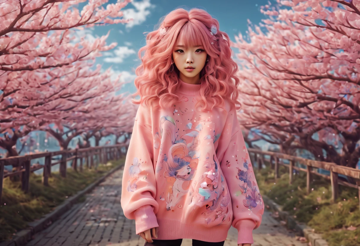 (best quality, highreagical, pink theme, (magical cute sakura maiedn:1.2). with (((exaggerated hair, huge fluffy hair, expanded hair, exagerated voluminous hair))), orange sweater with zentangle lines, details, (((horsehair, fluffy))), socks, shoes,