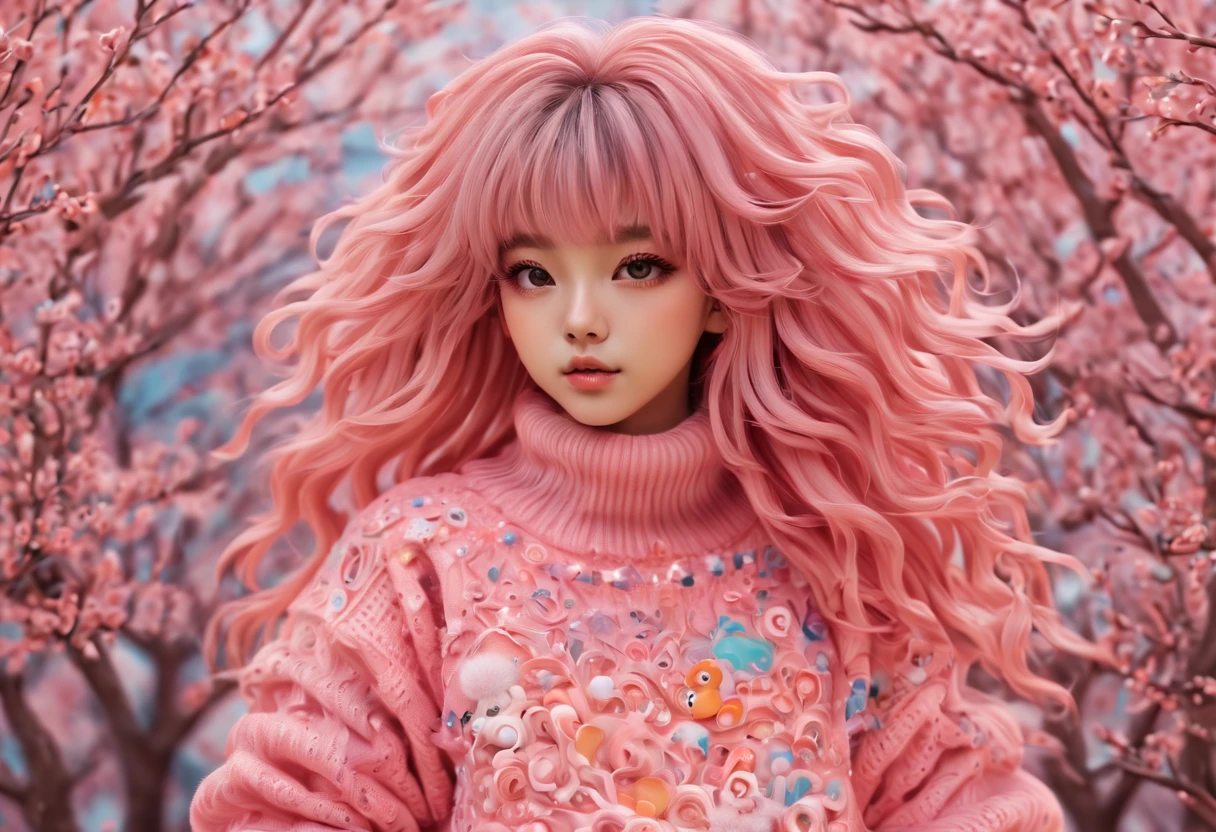 (best quality, highreagical, pink theme, (magical cute sakura maiedn:1.2). with (((exaggerated hair, huge fluffy hair, expanded hair, exagerated voluminous hair))), orange sweater with zentangle lines, details, (((horsehair, fluffy))), socks, shoes,