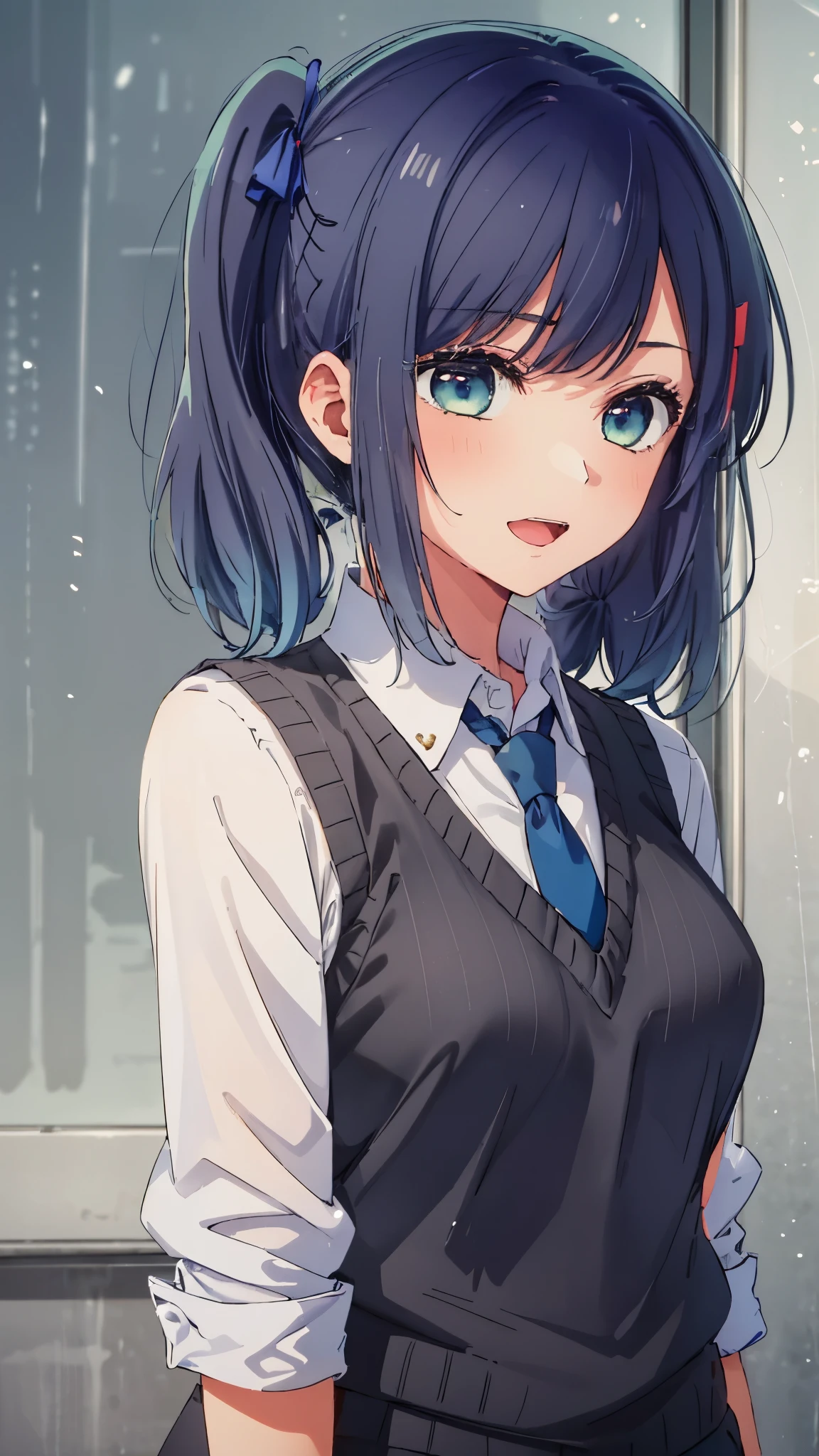 beautiful lighting, 1 girl, alone, Akane, white shirt, sweater vest, black vest, blue tie, ((anime style))、((2D))、laughter、open your mouth、(((long twin tails)))