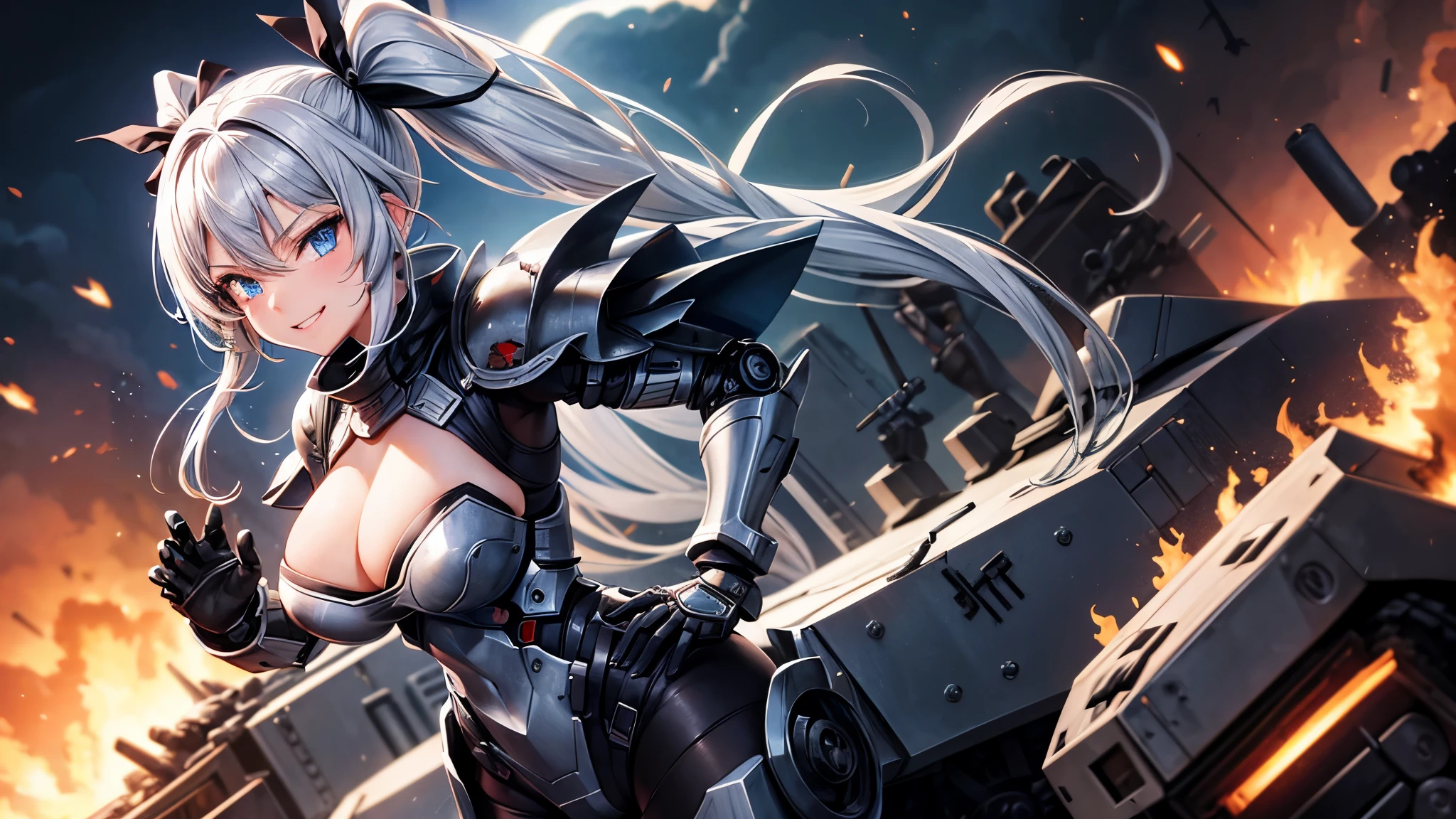 1girl, solo, silver hair, long hair, twintail, large breasts, black armor, metal suit, robotic, blue eyes, cleavage 1:3, war, guns, tanks, fire, explosion, aircraft, monster, grin, looking at the viewer, hand on hip, standng, hair ribbon