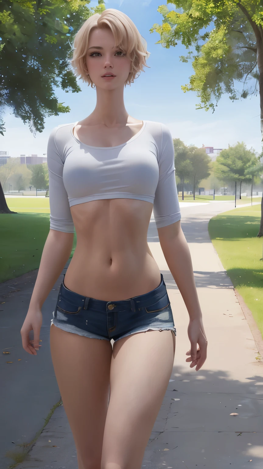 (ultra realistic, highly detailed:1.4), best quality, masterpiece
girl, 18 yo., crop top and shorts, short blonde hair, walking in a park,
((longtorso, ltso):1.4), (longneck:1.3), tall