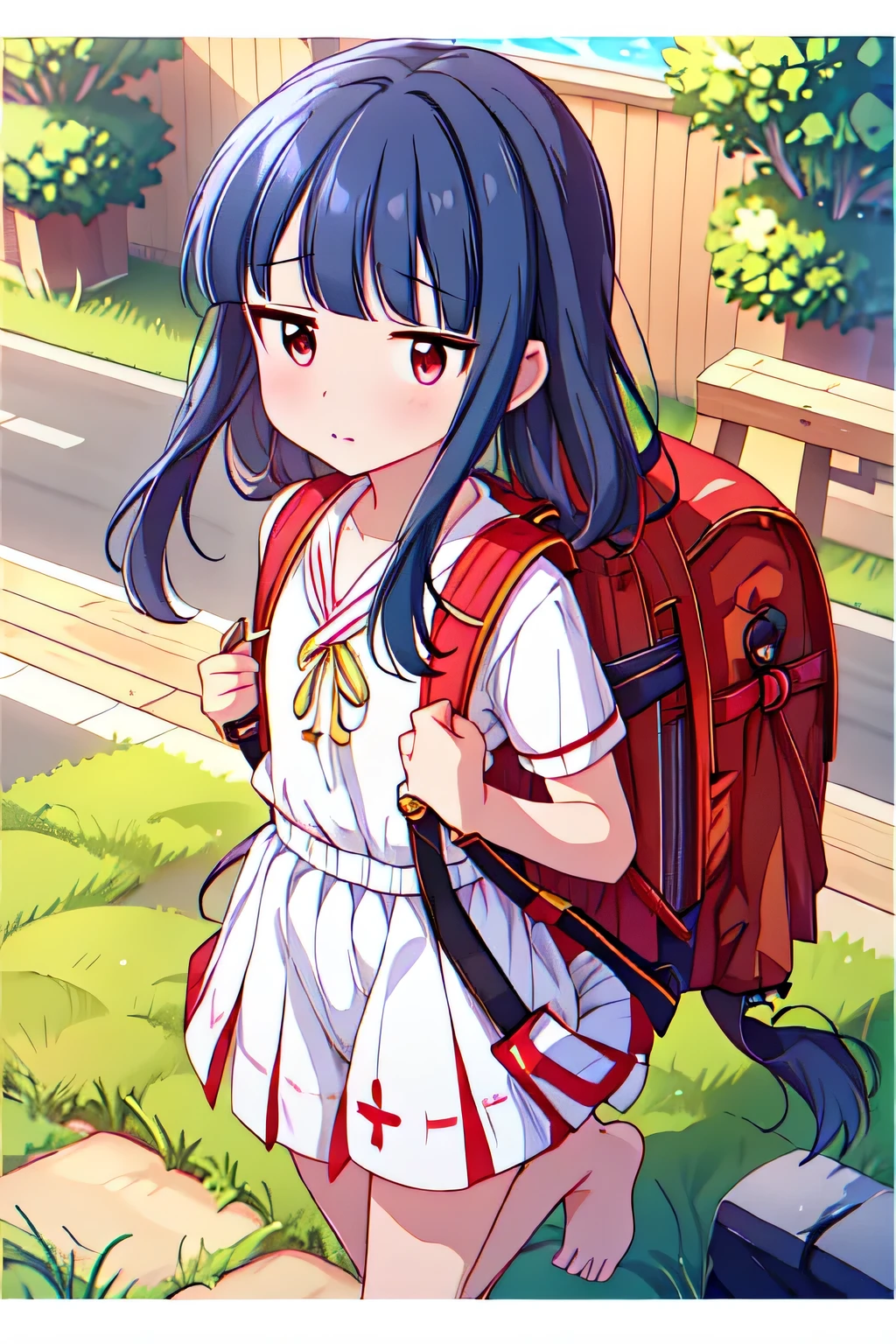 , yukimi, 10., long hair, dull bangs, flat chest, No expression, shy, whole body, highest quality, wearing burmese navy, short sleeve (White gym uniform with colored hems:1.3), carry (randoseru backpack:1.4), barefoot, at the park,