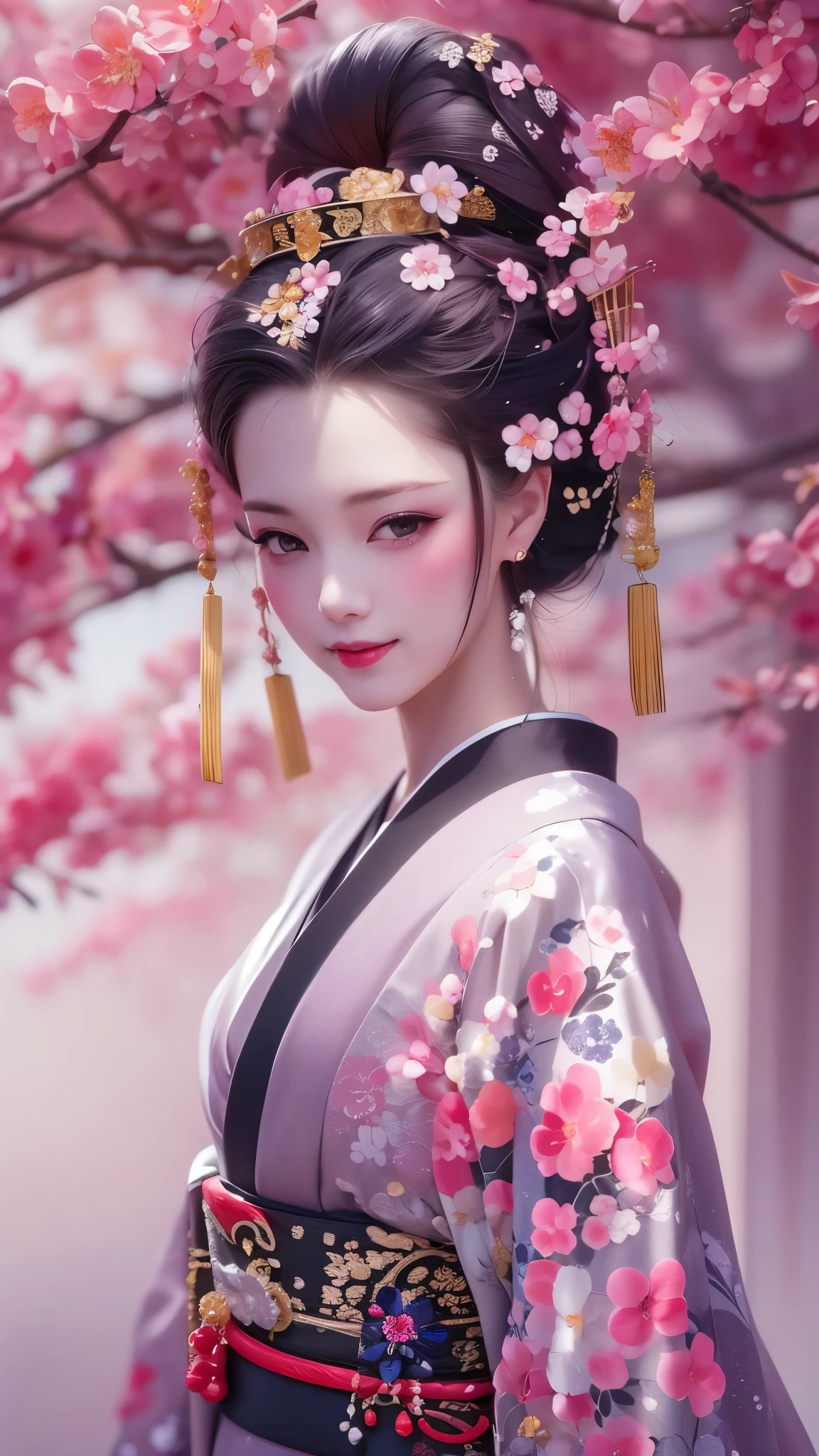 (A geisha girl gracefully stands under cherry blossoms, looking back and smiling: 1.37), many red cherry blossom petals fall one after another, (whole body) The white base makeup on the girl's face has no highlights or shadow decorations. The entire white foundation covers the face and neck. Red lip makeup is a small mouth area smaller than normal lips. The thick and thin eyeliner pencil can highlight the contour of the eyes, strengthen the eyes, and make the pupils appear dark and deep. A straight eyebrow is both eye-catching and not stiff, making the entire face cleaner. Typical Japanese geisha makeup, Wearing a magnificent kimono embroidered with black and gold cherry blossoms, this is a long sleeved kimono, wearing Japanese style clogs, Background: Deep streets and alleys under moonlight, white and black, Surrealism, realistic depiction of light and shadow, realistic and exaggerated photos, ultra-high quality, super details, cinematic shots, shallow depth of field,