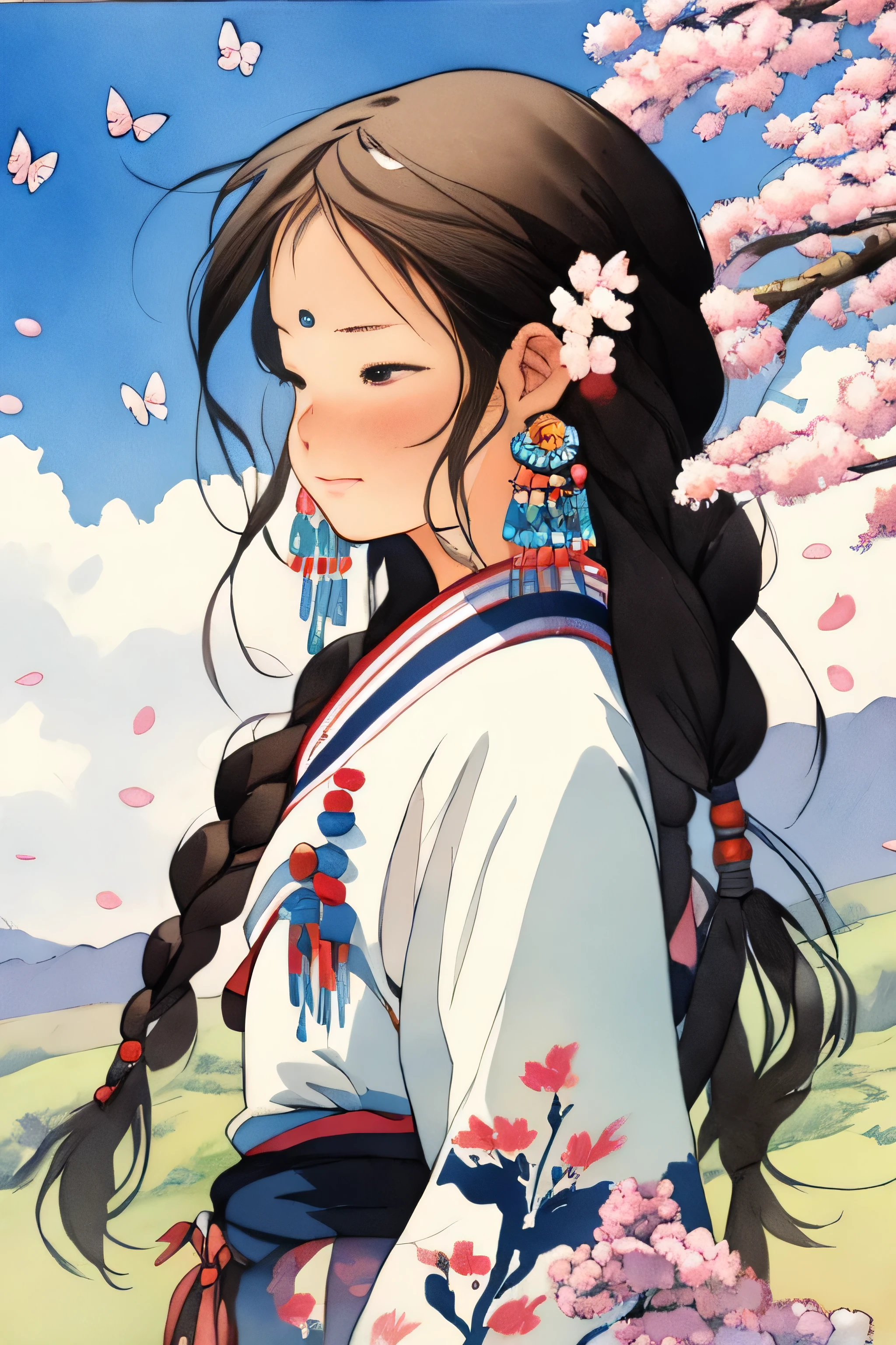 (best quality, 4K, 8K, high resolution, chef-d&#39;artwork) ultra-detailed, : Une fille asiatique en hanbok (full view) avec des fleurs de cerisier: Beautiful detailed eyes, beautiful detailed lips, Extremely detailed eyes and face, fille dans un jardin de cerisiers du Japon, moyen: oil painting&#39;huile, fond naturel, Cherry blossom petals, doux soleil, expression sereine, robe fluide, light scent,  brise, colorful flowers, papillons dansants, couleurs subtiles, travail au pinceau délicat, Style d&#39;art japonais traditionnel, harmonie avec la nature, atmosphère paisible