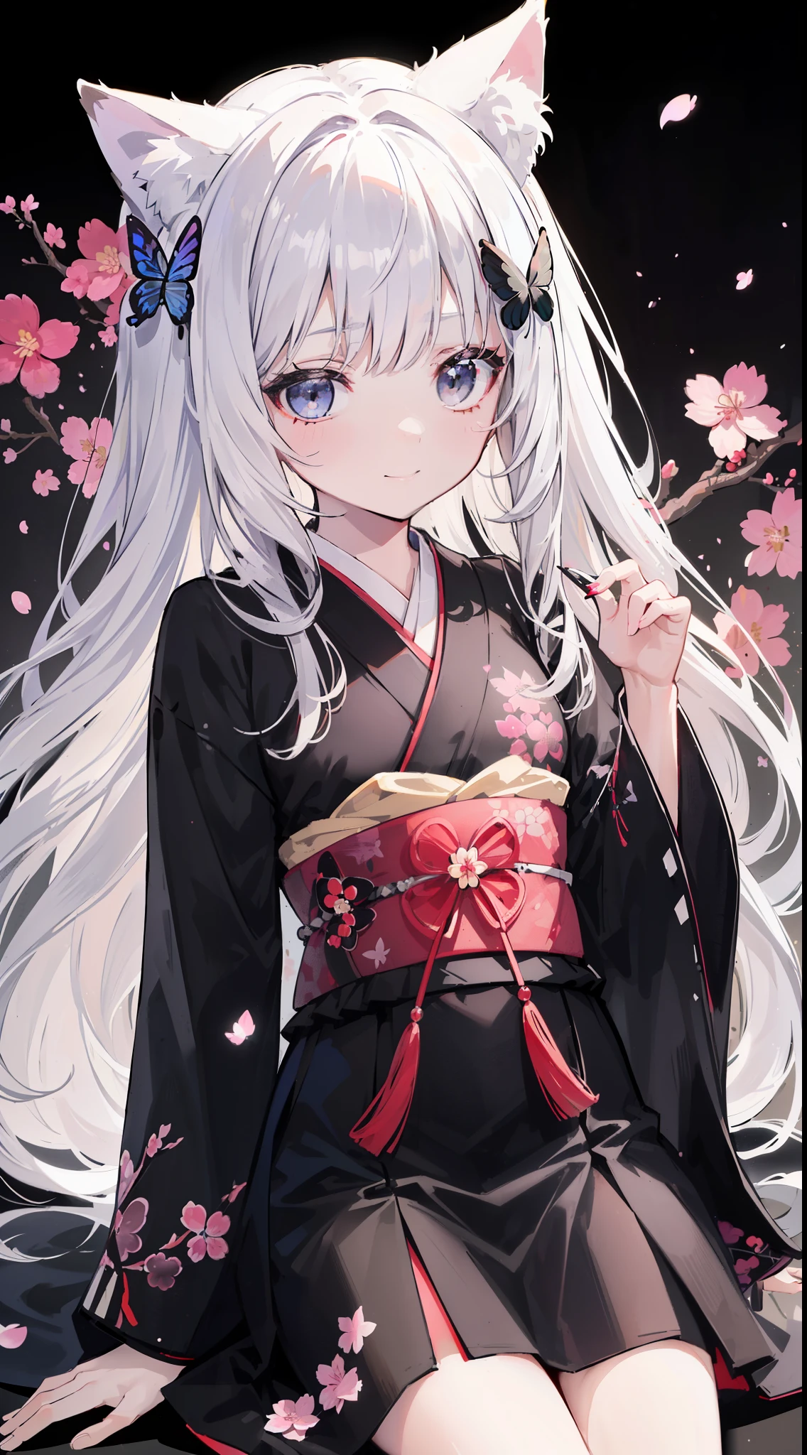 32k, perfect body, cute , cute smile, cute dress, long hair, white hair, black dress, ((black butterfly)), ((black butterfly hair ornament)), ((black butterfly shaped brooch)), ((black butterfly dress)), ((black ligth particle)), (((beautiful quality))), ((black kimono)), ((black Japanese clothing)), ((nekomimi)), (((Cherry blossom background))),