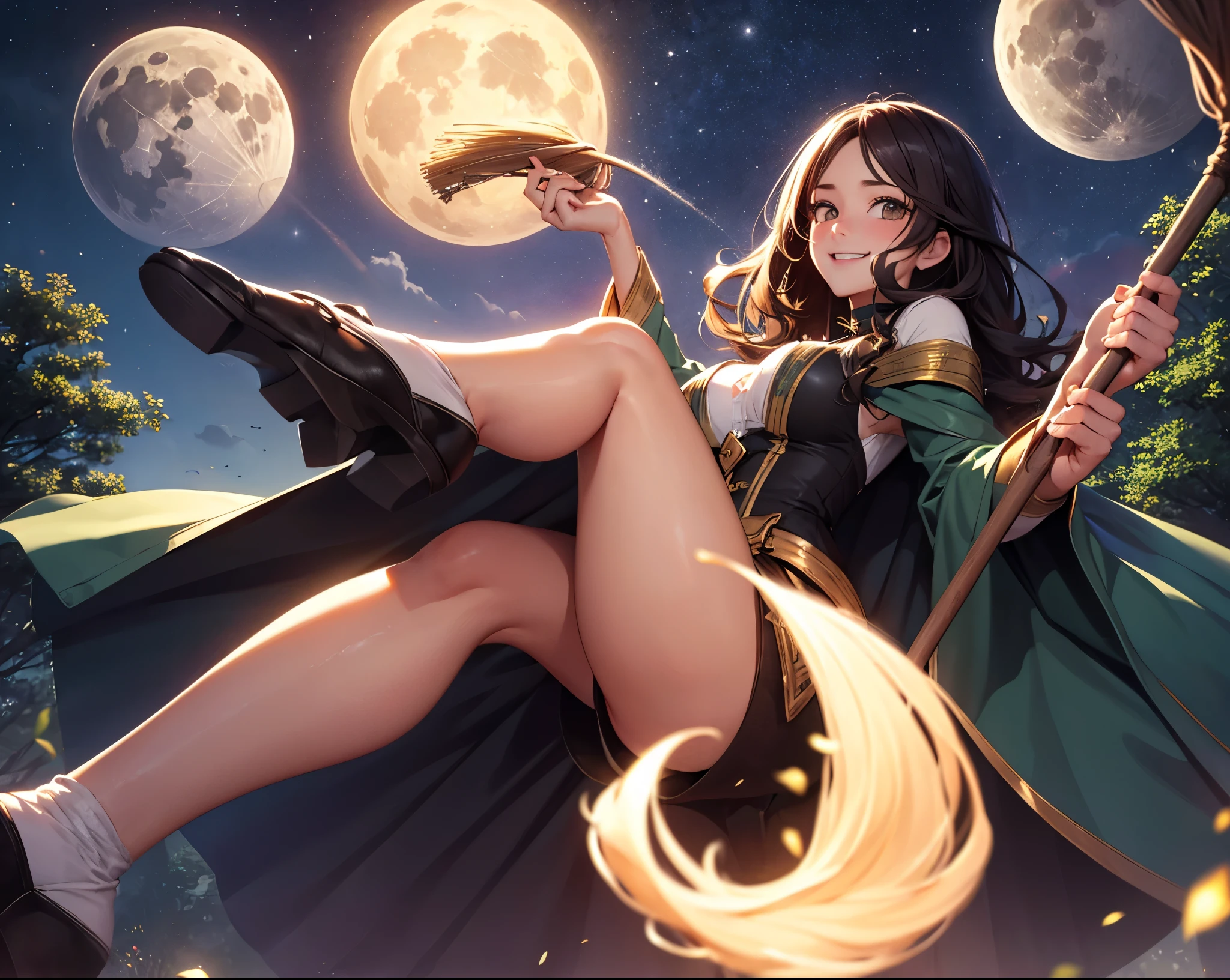 (best quality,4k,8k,highres,masterpiece:1.2), ultra-detailed, (photo-realistic:1.37), mature mysterious excited energetic happy expressions, blushing witch girl, perky breasts, riding a broom, sitting on the broom, on broom sideways, floating, legs out of frame, flying in the sky, night sky, clouds, sparkling stars, glowing moon, mysterious forest, flowing cloak, swirling hair, magical aura, enchanted atmosphere, spellbinding scene, powerful sorceress, captivating smile, sparkling eyes, intricate broom design, ethereal beauty, mystical elements, whimsical charm, vibrant colors, dramatic lighting, shot from under, from below
