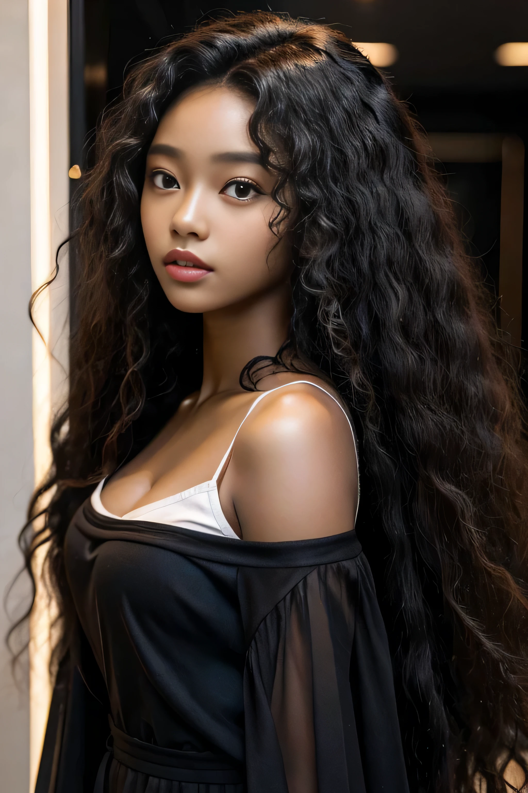 masterpiece, best quality, beautiful black and Asian mixed 19 year old, light ebony skin female, long, frizzy, curly dark hair, perfect face, half body, long hair