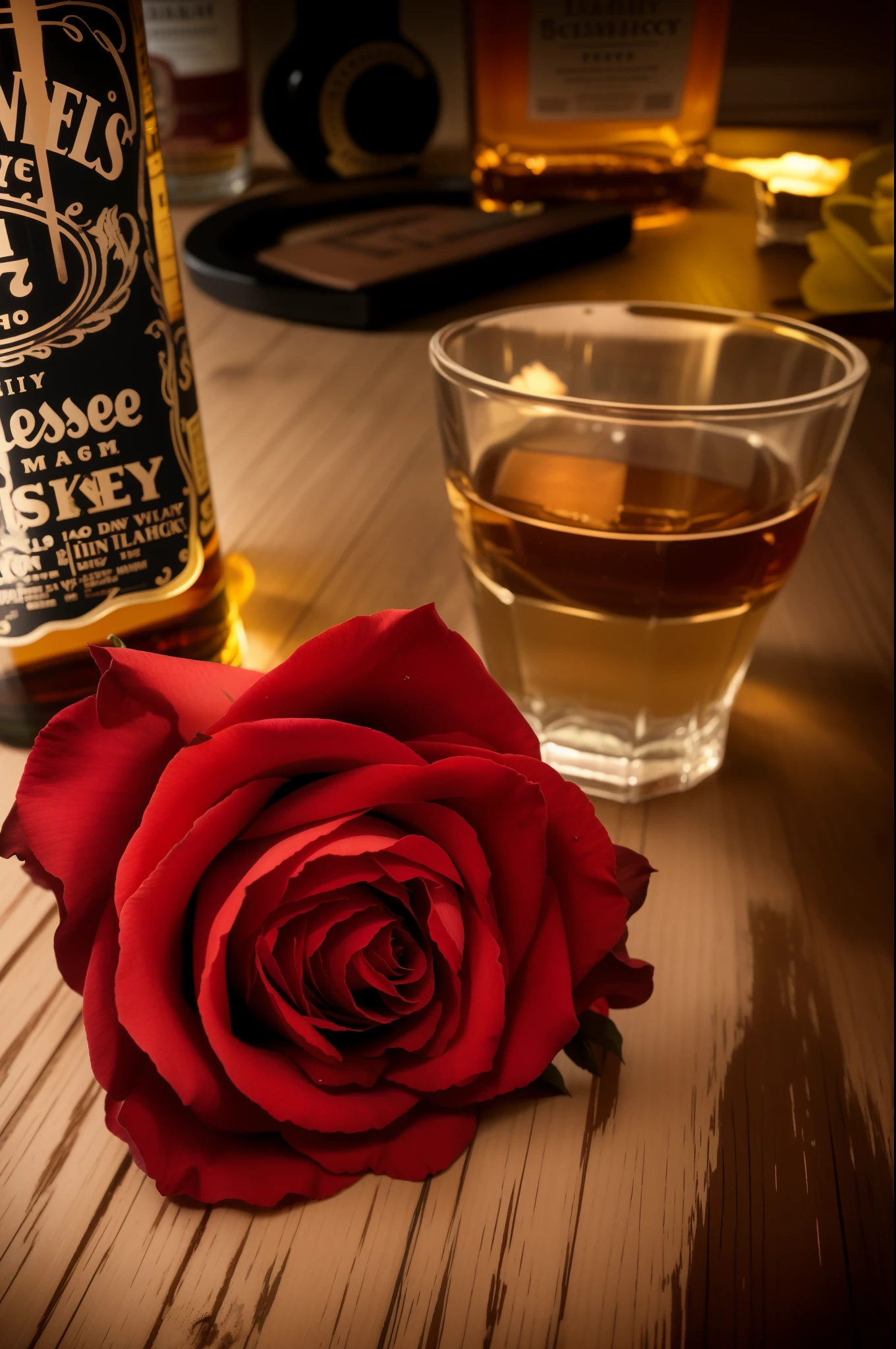 there is a rose sitting next to a bottle of whiskey, whiskey, saturday night in a saloon, shot on nikon z9, inspired by William Harnett, red neon roses, drinking whiskey, red mood in background, shot with a canon 20mm lens, red and cinematic lighting, shot from far away, red rose, detailed red lighting