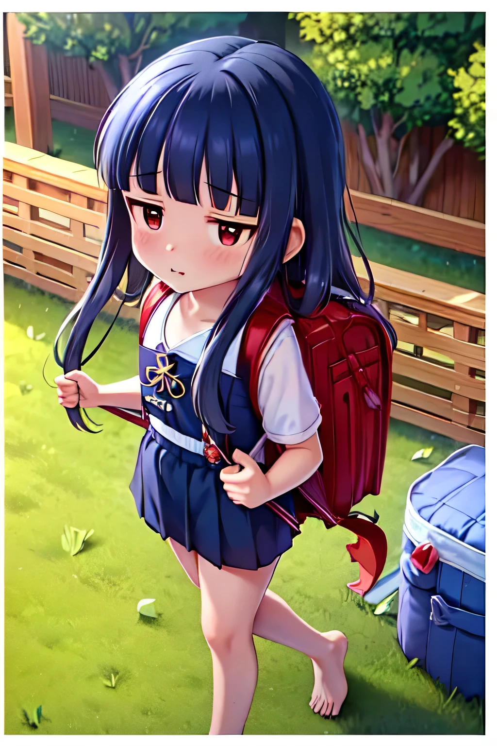 , yukimi, 10., long hair, dull bangs, flat chest, No expression, shy, whole body, highest quality, wearing burmese navy, short sleeve (White gym uniform with colored hems:1.3), carry (randoseru backpack:1.4), barefoot, at the park,