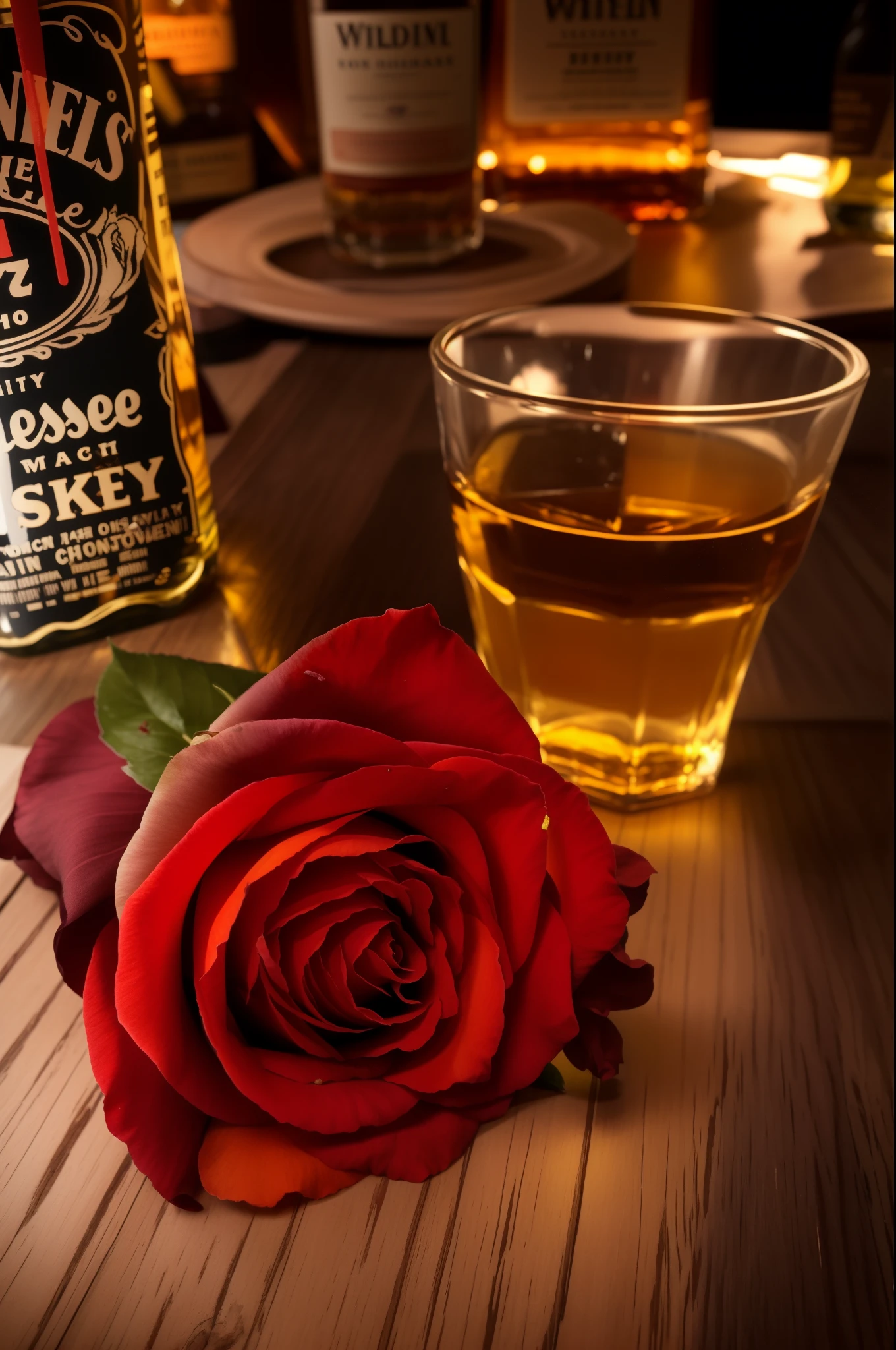 there is a rose sitting next to a bottle of whiskey, whiskey, saturday night in a saloon, shot on nikon z9, inspired by William Harnett, red neon roses, drinking whiskey, red mood in background, shot with a canon 20mm lens, red and cinematic lighting, shot from far away, red rose, detailed red lighting
