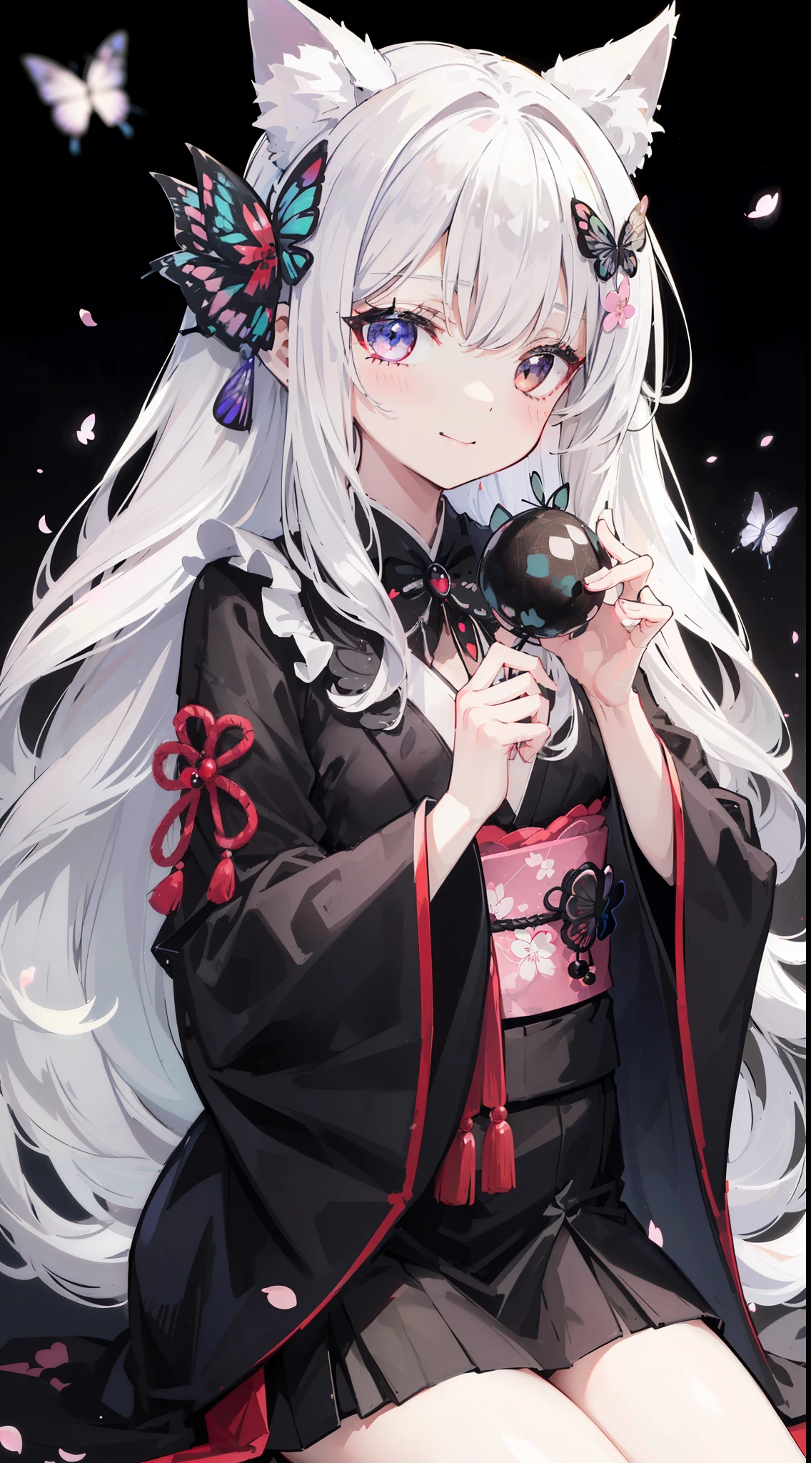 32k, perfect body, cute , cute smile, cute dress, long hair, white hair, black dress, ((black butterfly)), ((black butterfly hair ornament)), ((black butterfly shaped brooch)), ((black butterfly dress)), ((black ligth particle)), (((beautiful quality))), ((black kimono)), ((black Japanese clothing)), ((nekomimi)), (((Cherry blossom background))),